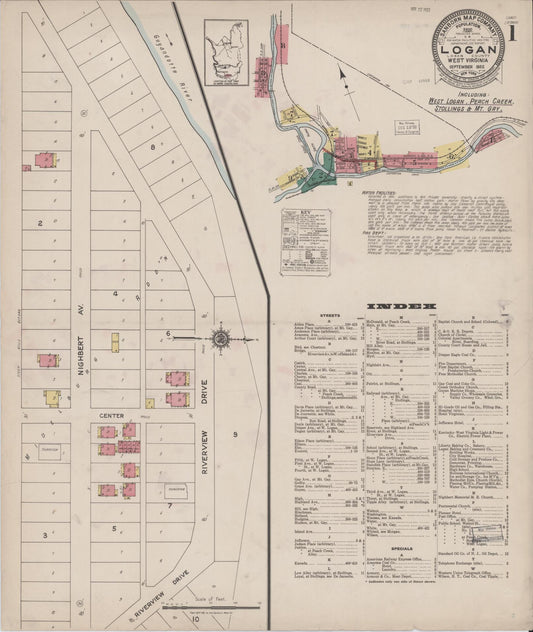 Sanborn Fire Insurance Map from Logan, Logan County, West Virginia (1922), Sheet #0001 - Complete Map Set gallery image, historic Sanborn map, vintage wall art, West Virginia West Virginia