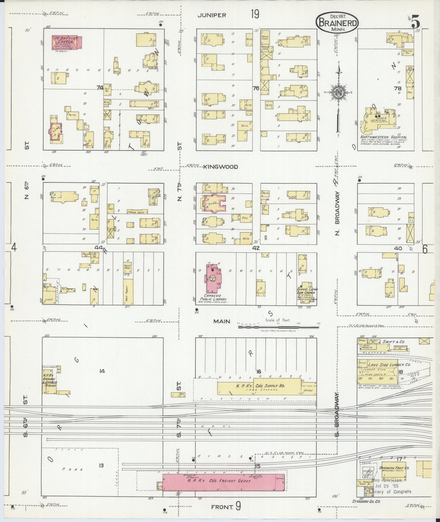 Sanborn Fire Insurance Map from Brainerd, Crow Wing County, Minnesota (1917), Sheet #0005 - Historic Sanborn Fire Insurance Map Print, vintage old map wall art, antique decor, genealogy gift, Minnesota Minnesota map