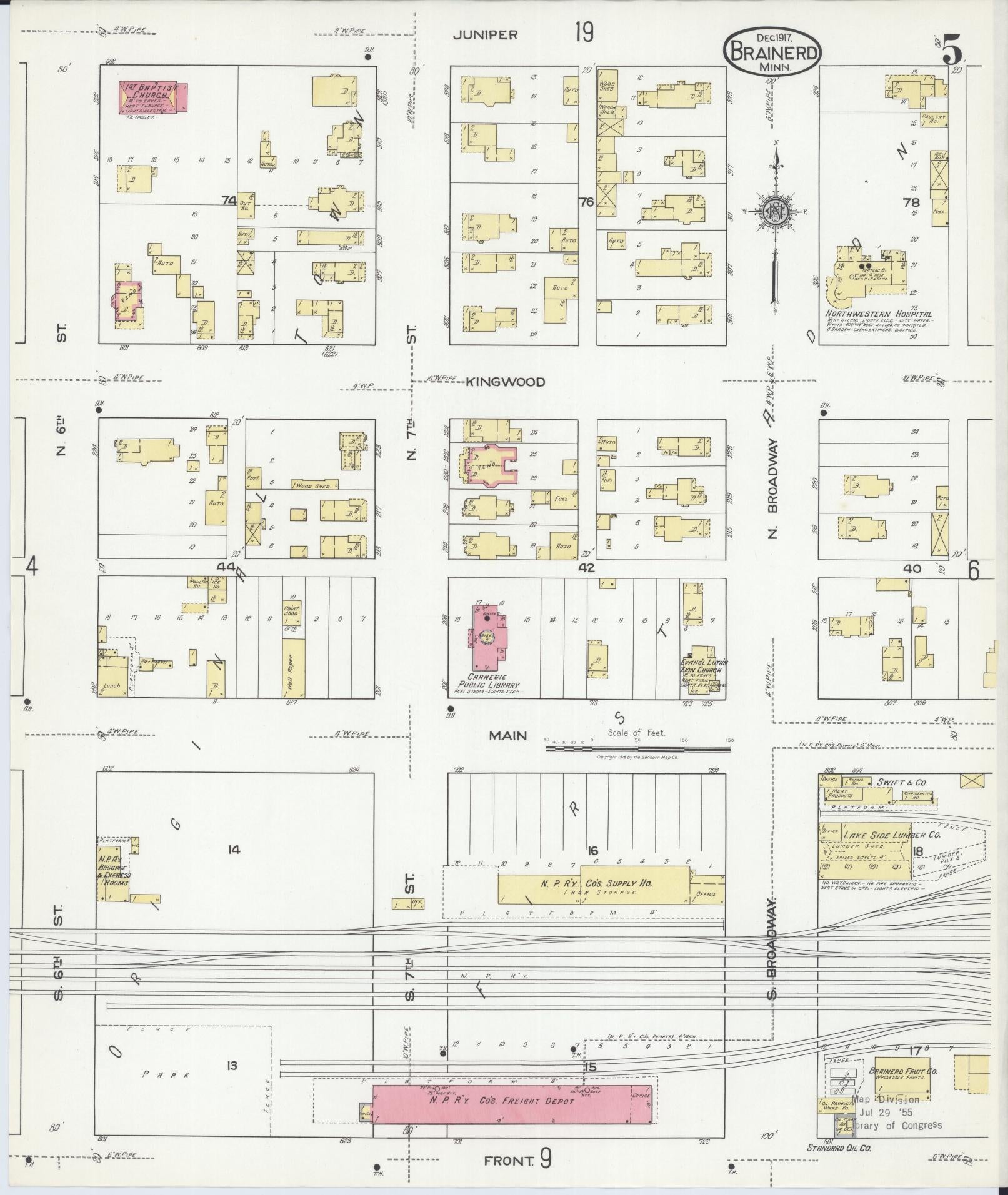 Sanborn Fire Insurance Map from Brainerd, Crow Wing County, Minnesota (1917), Sheet #0005 - Historic Sanborn Fire Insurance Map Print, vintage old map wall art, antique decor, genealogy gift, Minnesota Minnesota map