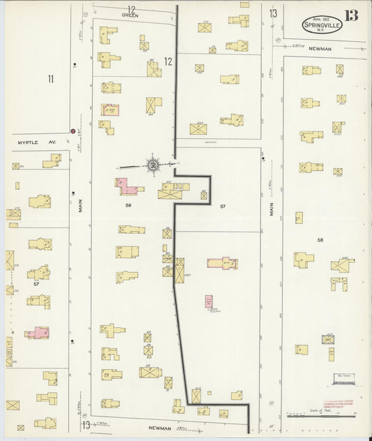 Sanborn Fire Insurance Map from Springville, Erie County, New York (1912), Sheet #0013 - Historic Sanborn Fire Insurance Map Print, vintage old map wall art, antique decor, genealogy gift, New York New York map