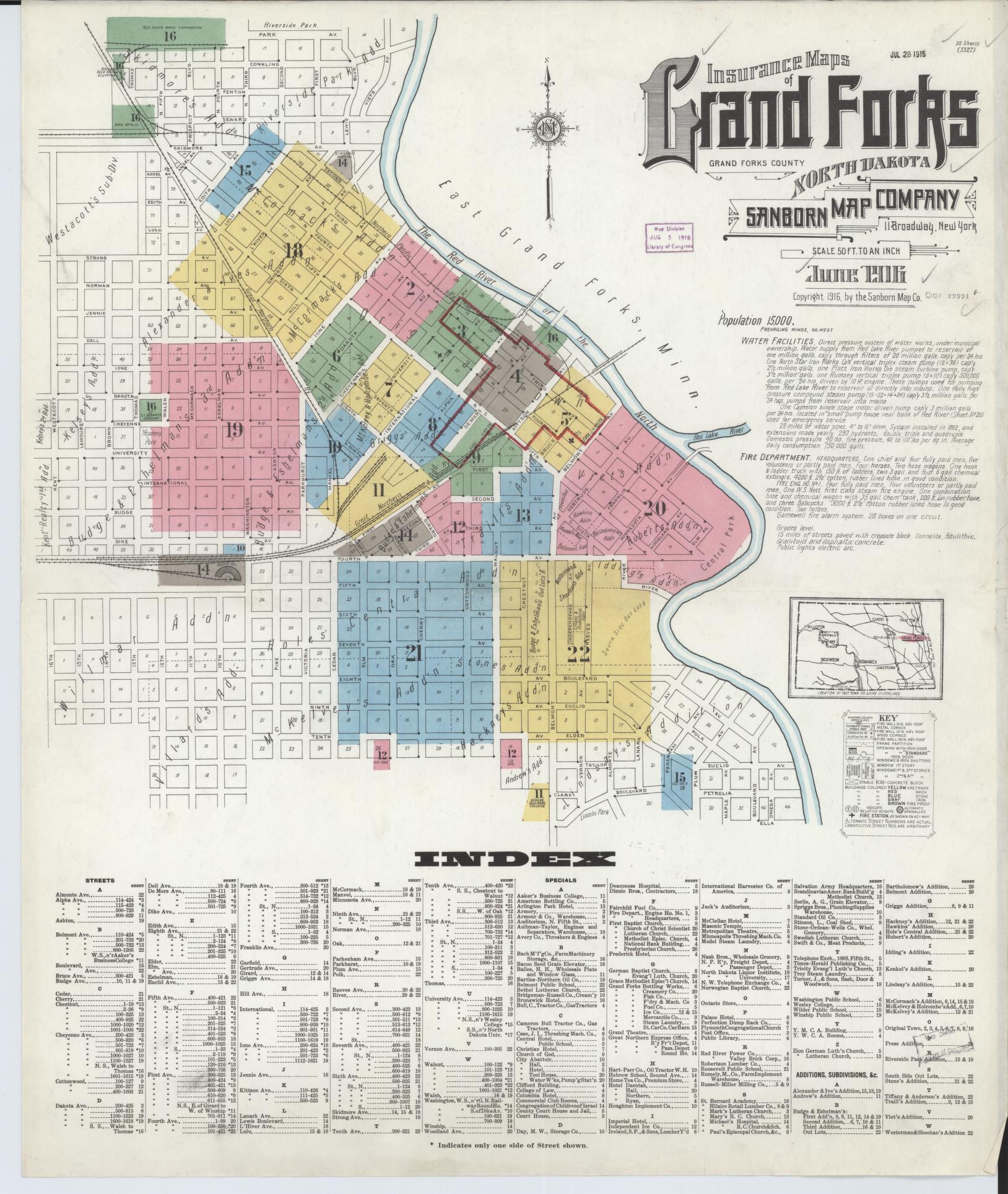 Sanborn Fire Insurance Map from Grand Forks, Grand Forks County, North Dakota (1916), Sheet #0001 - Complete Map Set gallery image, historic Sanborn map, vintage wall art, North Dakota North Dakota