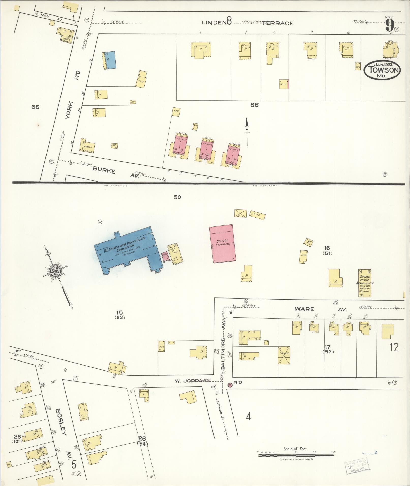 Sanborn Fire Insurance Map from Towson, Baltimore County, Maryland (1922), Sheet #0009 - Historic Sanborn Fire Insurance Map Print, vintage old map wall art