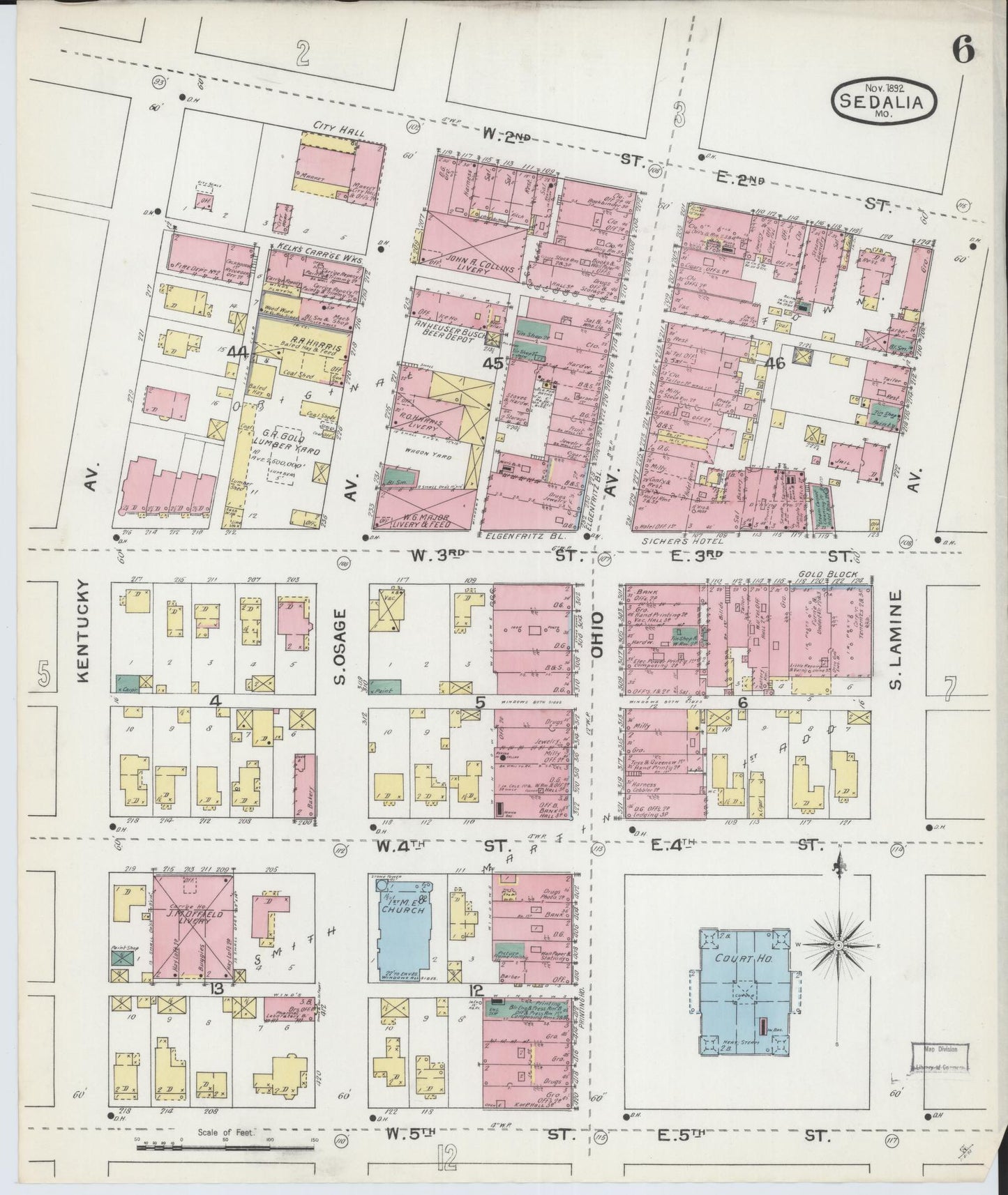 Sanborn Fire Insurance Map from Sedalia, Pettis County, Missouri (1892), Sheet #0006 - Historic Sanborn Fire Insurance Map Print, vintage old map wall art, antique decor, genealogy gift, Missouri Missouri map