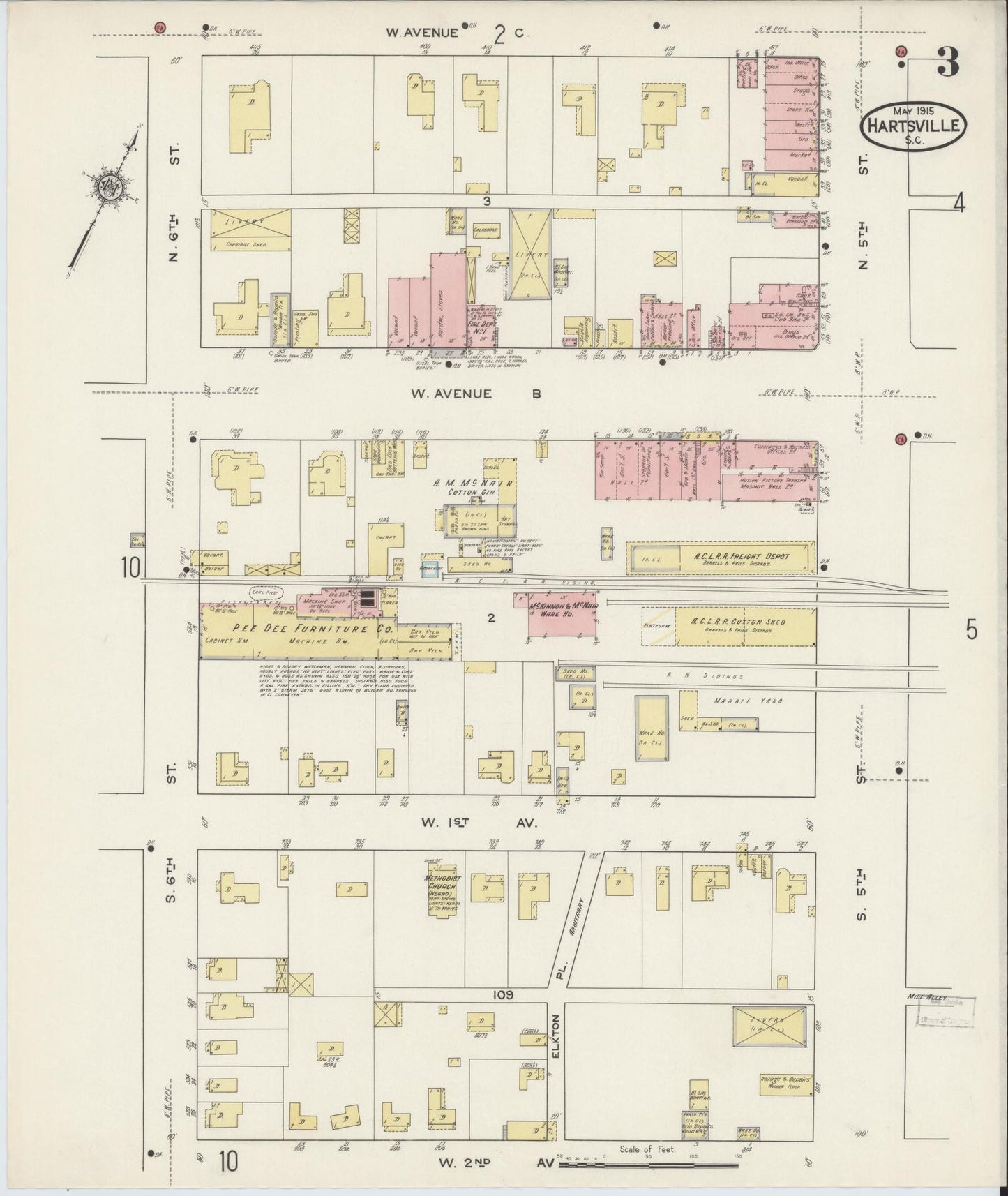 Sanborn Fire Insurance Map from Hartsville, Darlington County, South Carolina (1915), Sheet #0003 - Historic Sanborn Fire Insurance Map Print, vintage old map wall art, antique decor, genealogy gift, South Carolina South Carolina map