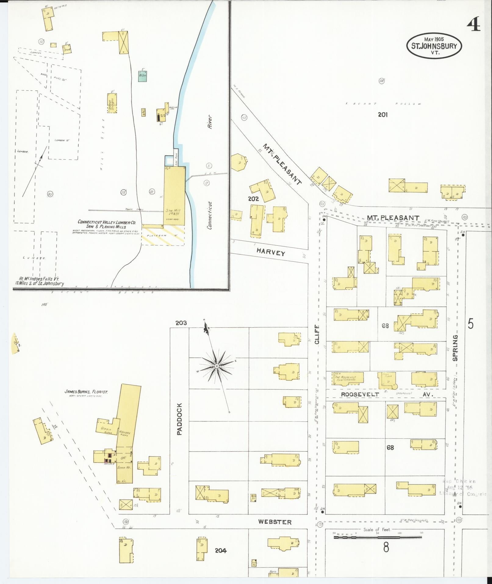 Sanborn Fire Insurance Map from Saint Johnsbury, Caledonia County, Vermont (1905), Sheet #0004 - Historic Sanborn Fire Insurance Map Print, vintage old map wall art, antique decor, genealogy gift, Vermont Vermont map