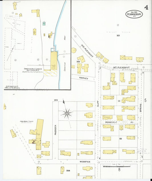 Sanborn Fire Insurance Map from Saint Johnsbury, Caledonia County, Vermont (1905), Sheet #0004 - Historic Sanborn Fire Insurance Map Print, vintage old map wall art, antique decor, genealogy gift, Vermont Vermont map