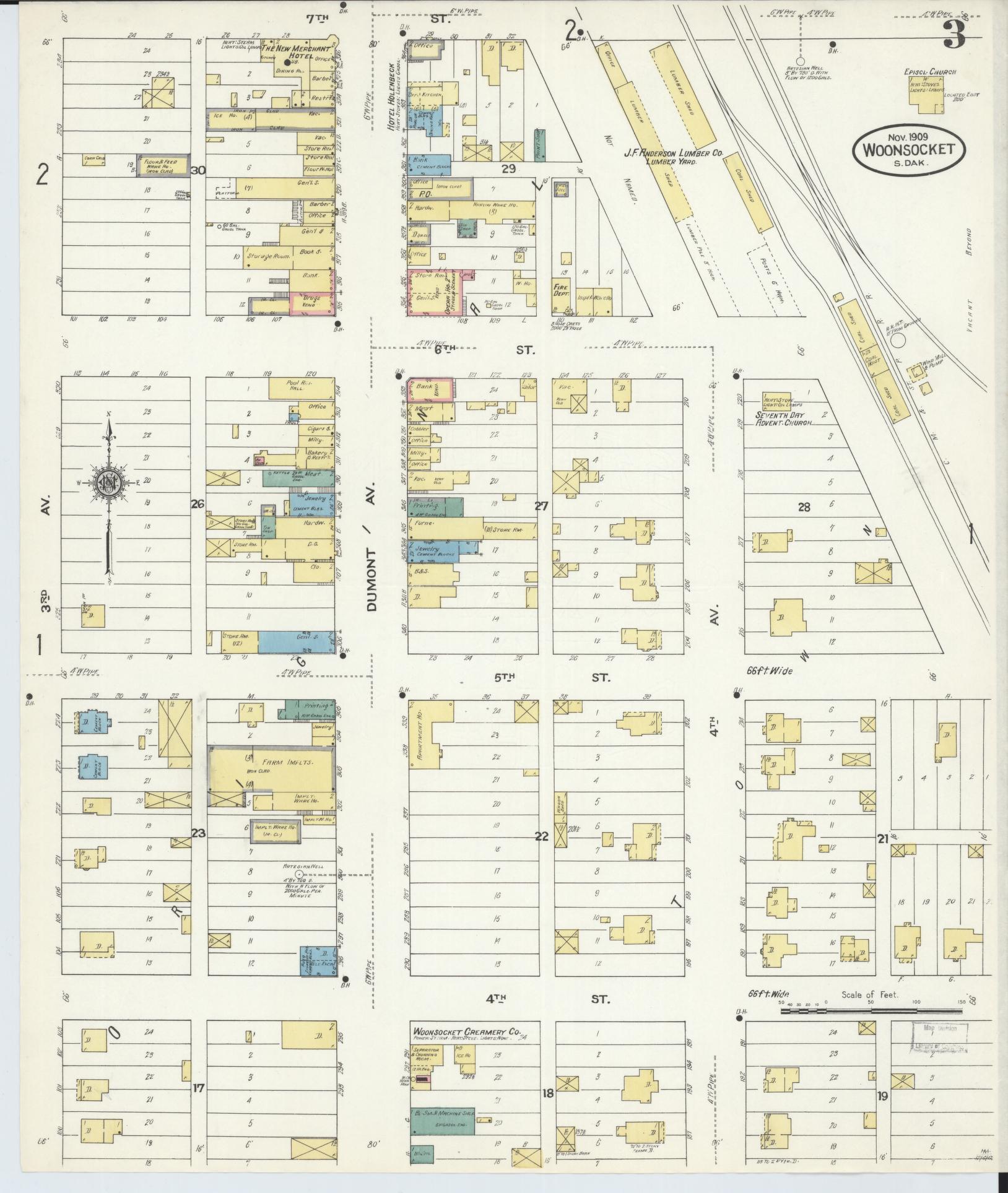 Sanborn Fire Insurance Map from Woonsocket, Sanborn County, South Dakota (1909), Sheet #0003 - Historic Sanborn Fire Insurance Map Print, vintage old map wall art, antique decor, genealogy gift, South Dakota South Dakota map