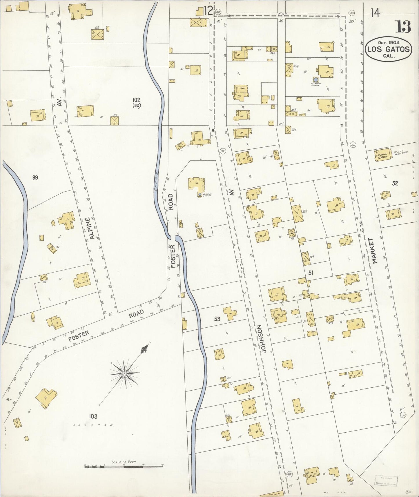 Sanborn Fire Insurance Map from Los Gatos, Santa Clara County, California (1904), Sheet #0013 - Complete Map Set gallery image, historic Sanborn map, vintage wall art, California California