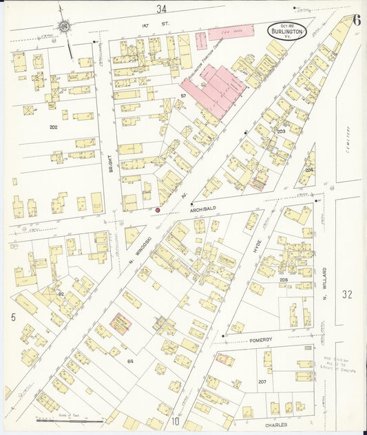 Sanborn Fire Insurance Map from Burlington, Chittenden County, Vermont (1912), Sheet #0006 - Historic Sanborn Fire Insurance Map Print, vintage old map wall art, antique decor, genealogy gift, Vermont Vermont map