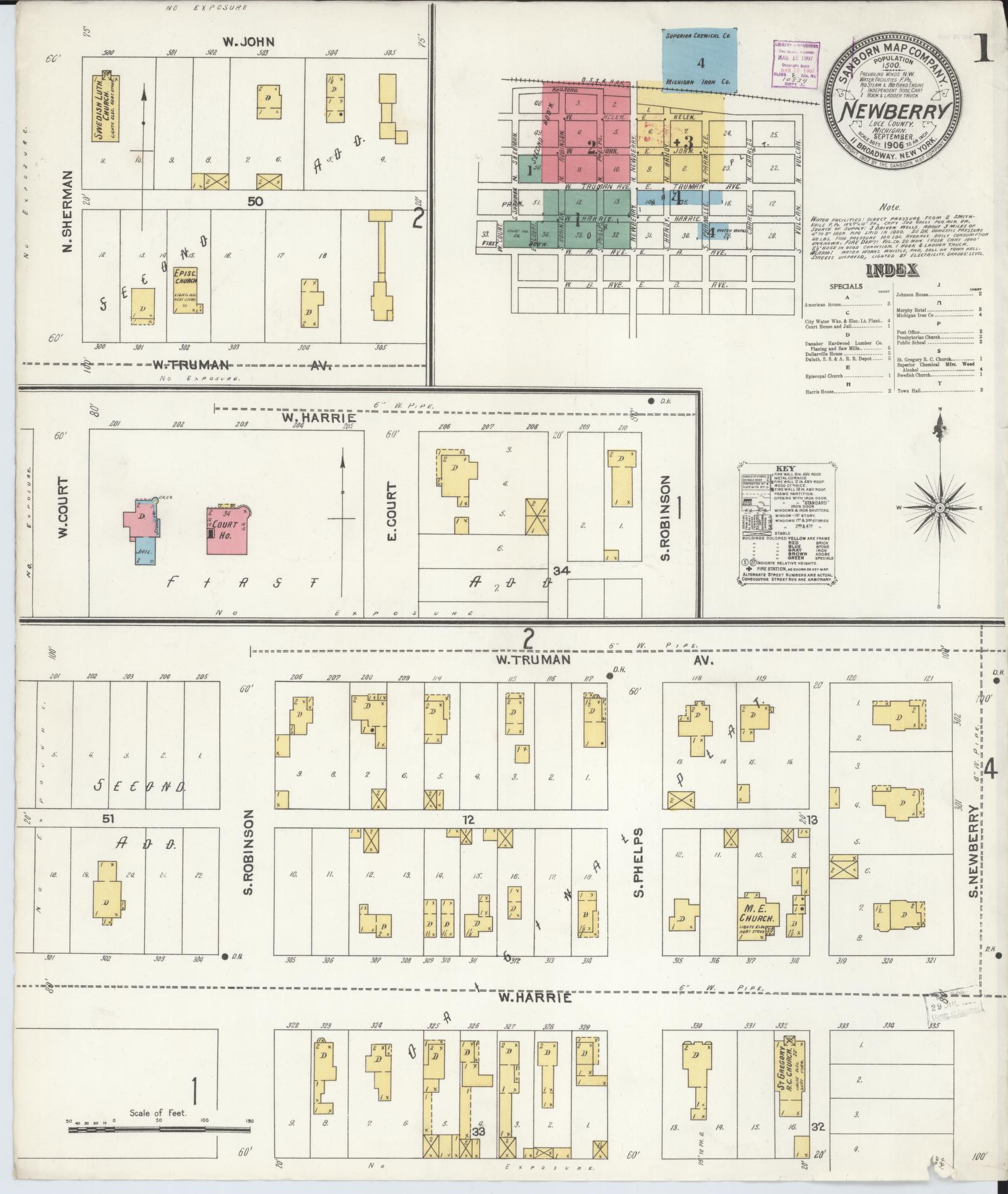 Sanborn Fire Insurance Map from Newberry, Luce County, Michigan (1906), Sheet #0001 - Complete Map Set gallery image, historic Sanborn map, vintage wall art, Michigan Michigan