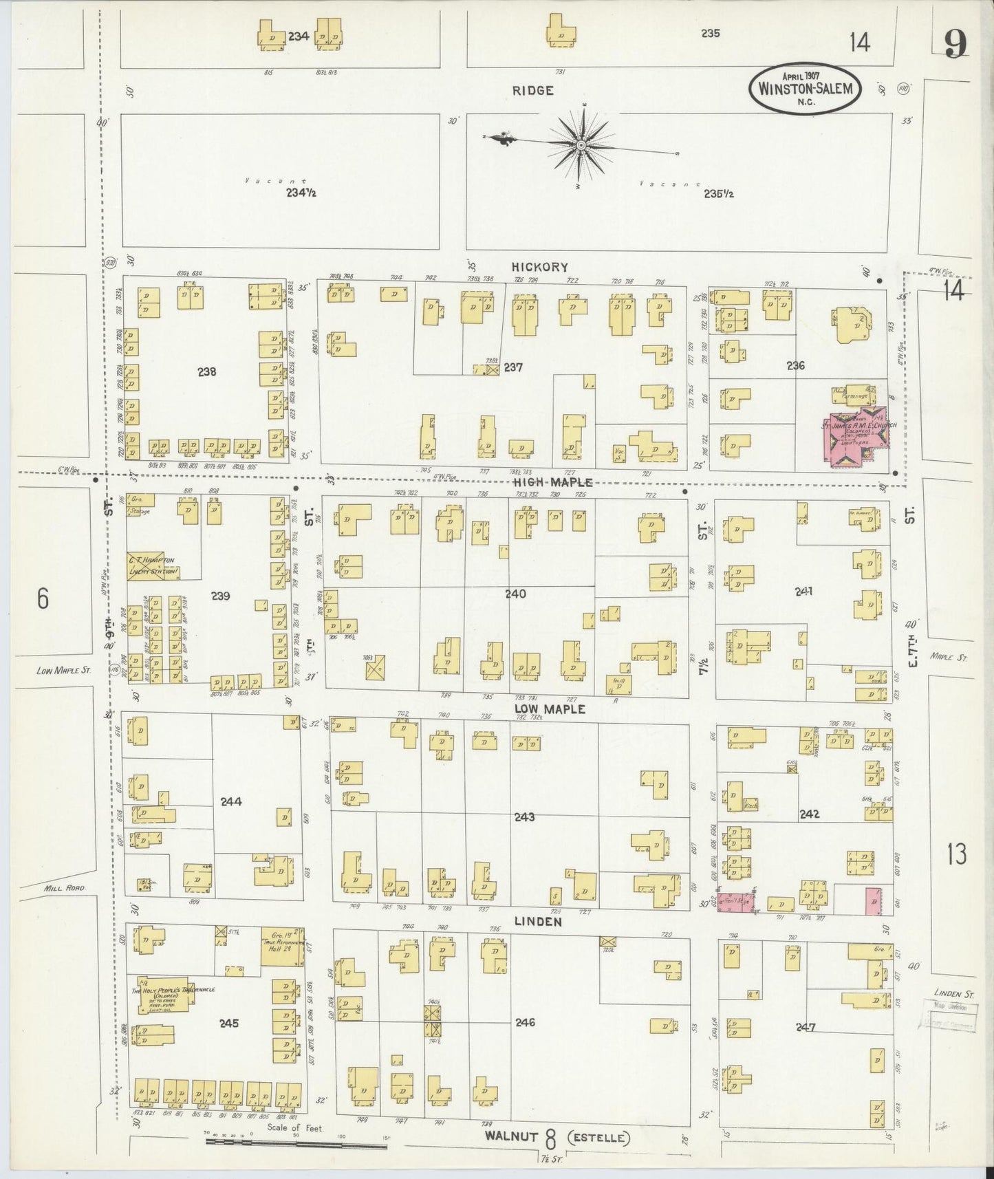 Sanborn Fire Insurance Map from Winston-Salem, Forsyth County, North Carolina (1907), Sheet #0009 - Historic Sanborn Fire Insurance Map Print, vintage old map wall art, antique decor, genealogy gift, North Carolina North Carolina map