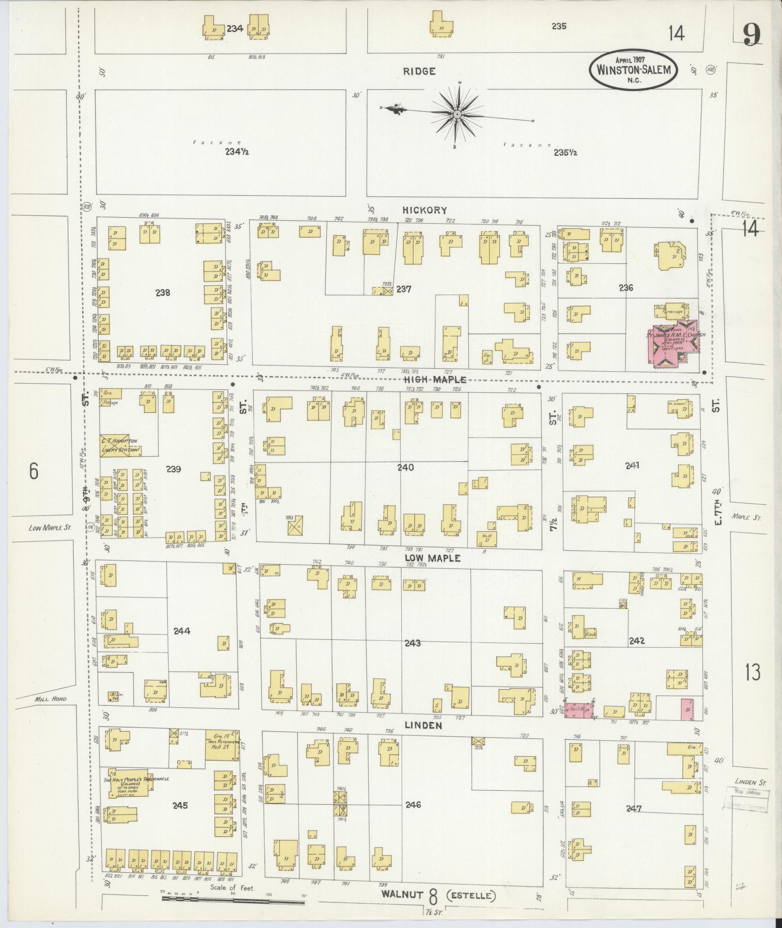 Sanborn Fire Insurance Map from Winston-Salem, Forsyth County, North Carolina (1907), Sheet #0009 - Historic Sanborn Fire Insurance Map Print, vintage old map wall art, antique decor, genealogy gift, North Carolina North Carolina map