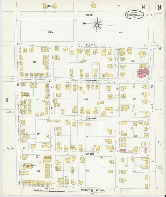 Sanborn Fire Insurance Map from Winston-Salem, Forsyth County, North Carolina (1907), Sheet #0009 - Historic Sanborn Fire Insurance Map Print, vintage old map wall art, antique decor, genealogy gift, North Carolina North Carolina map