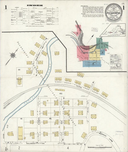 Sanborn Fire Insurance Map from Pocahontas, Tazewell County, Virginia (1923), Sheet #0001 - Historic Sanborn Fire Insurance Map Print, vintage old map wall art, antique decor, genealogy gift, Virginia Virginia map