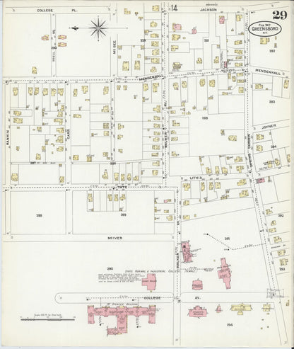 Sanborn Fire Insurance Map from Greensboro, Guilford County, North Carolina (1907), Sheet #0029 - Complete Map Set gallery image, historic Sanborn map, vintage wall art, North Carolina North Carolina