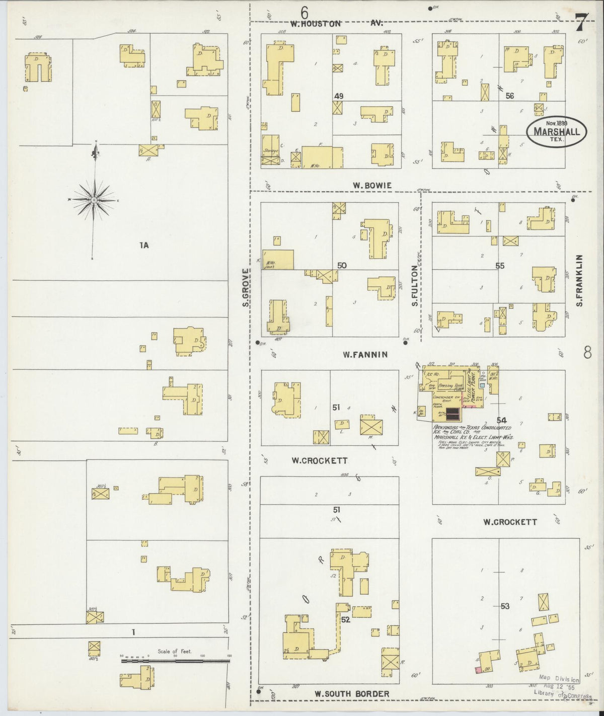 Sanborn Fire Insurance Map from Marshall, Harrison County, Texas (1899), Sheet #0007 - Complete Map Set gallery image, historic Sanborn map, vintage wall art, Texas Texas