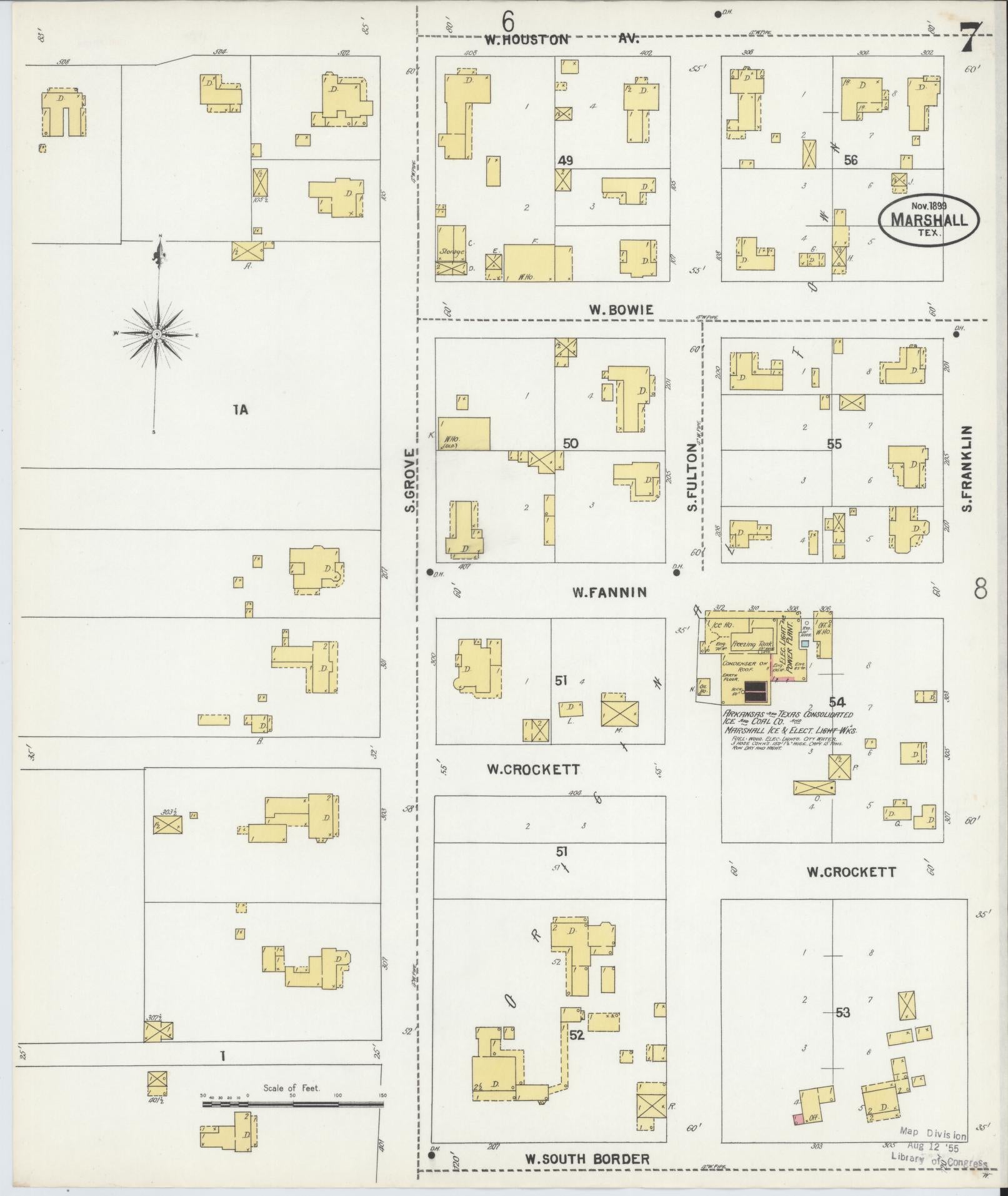 Sanborn Fire Insurance Map from Marshall, Harrison County, Texas (1899), Sheet #0007 - Complete Map Set gallery image, historic Sanborn map, vintage wall art, Texas Texas