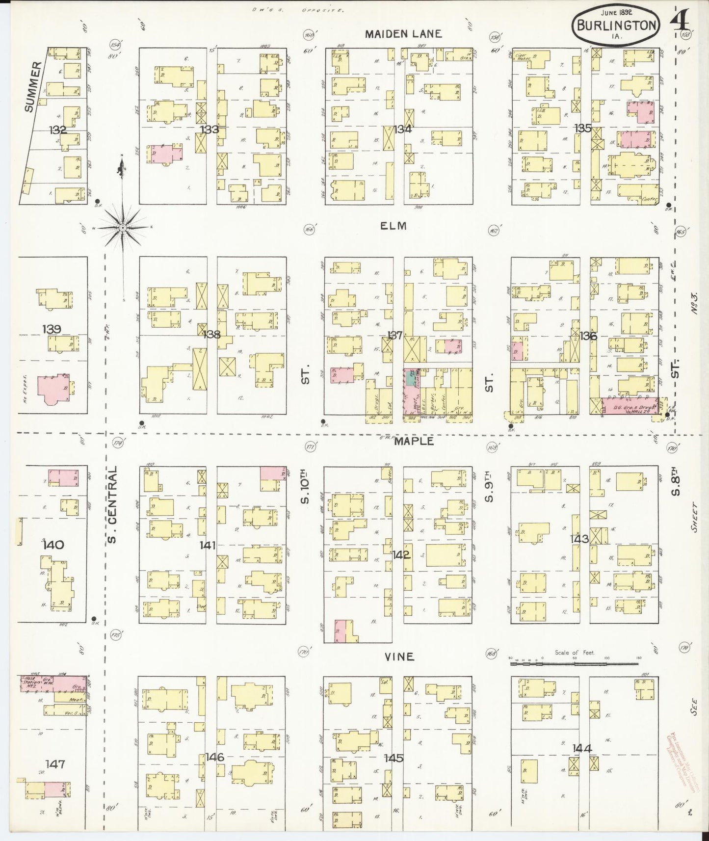 Sanborn Fire Insurance Map from Burlington, Des Moines County, Iowa (1892), Sheet #0004 - Historic Sanborn Fire Insurance Map Print, vintage old map wall art