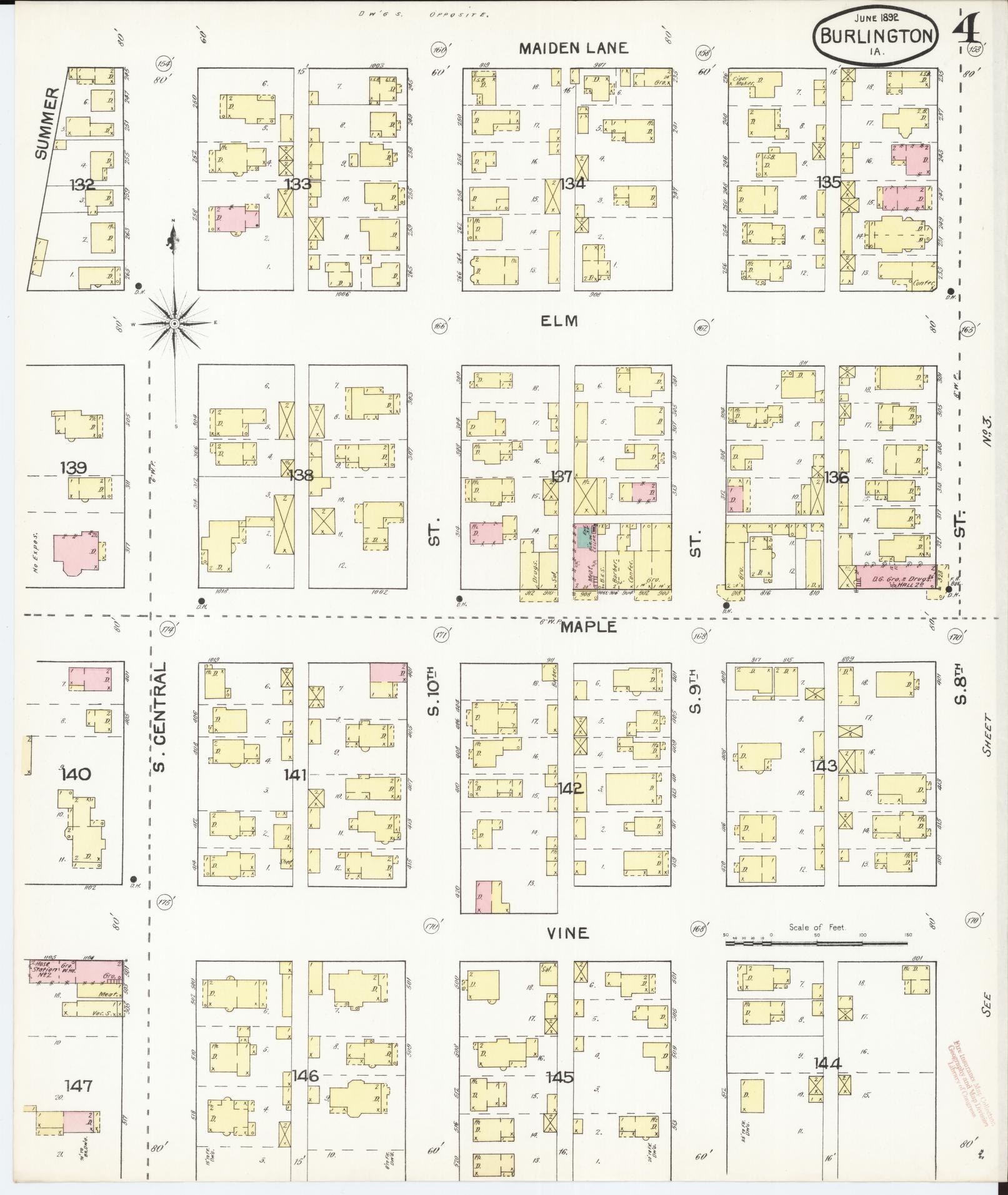 Sanborn Fire Insurance Map from Burlington, Des Moines County, Iowa (1892), Sheet #0004 - Historic Sanborn Fire Insurance Map Print, vintage old map wall art