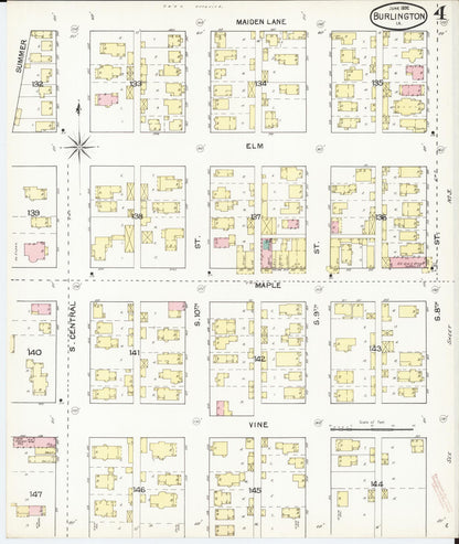 Sanborn Fire Insurance Map from Burlington, Des Moines County, Iowa (1892), Sheet #0004 - Historic Sanborn Fire Insurance Map Print, vintage old map wall art