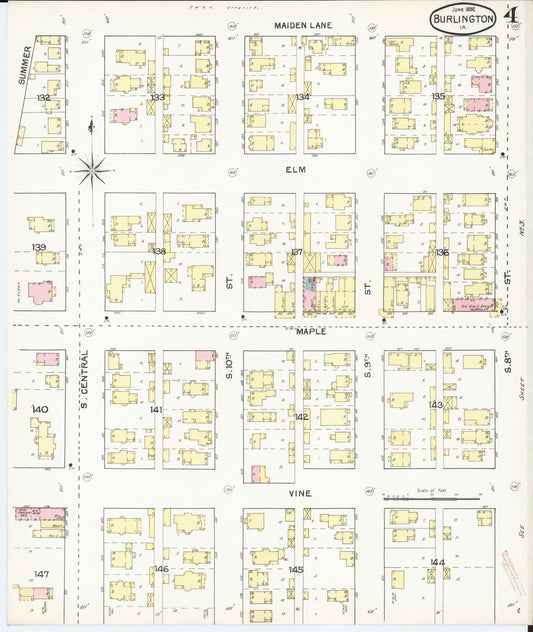 Sanborn Fire Insurance Map from Burlington, Des Moines County, Iowa (1892), Sheet #0004 - Historic Sanborn Fire Insurance Map Print, vintage old map wall art