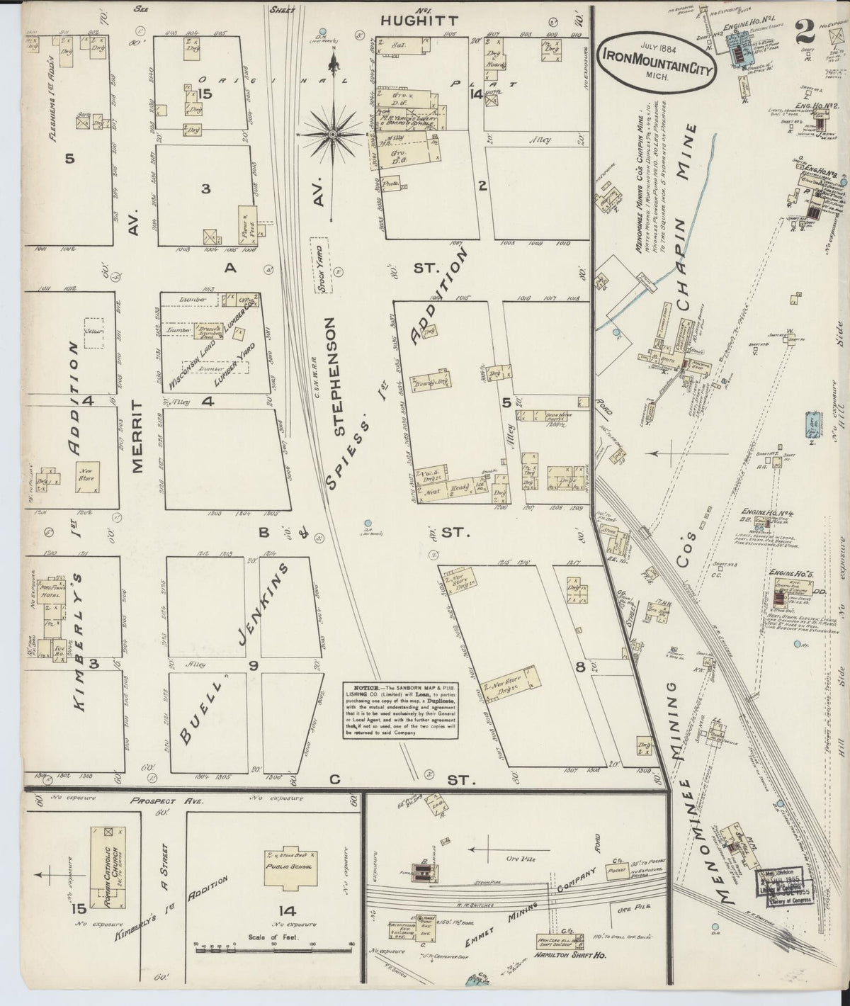 Sanborn Fire Insurance Map from Iron Mountain, Dickinson County, Michigan (1884), Sheet #0002 - Historic Sanborn Fire Insurance Map Print, vintage old map wall art, antique decor, genealogy gift, Michigan Michigan map