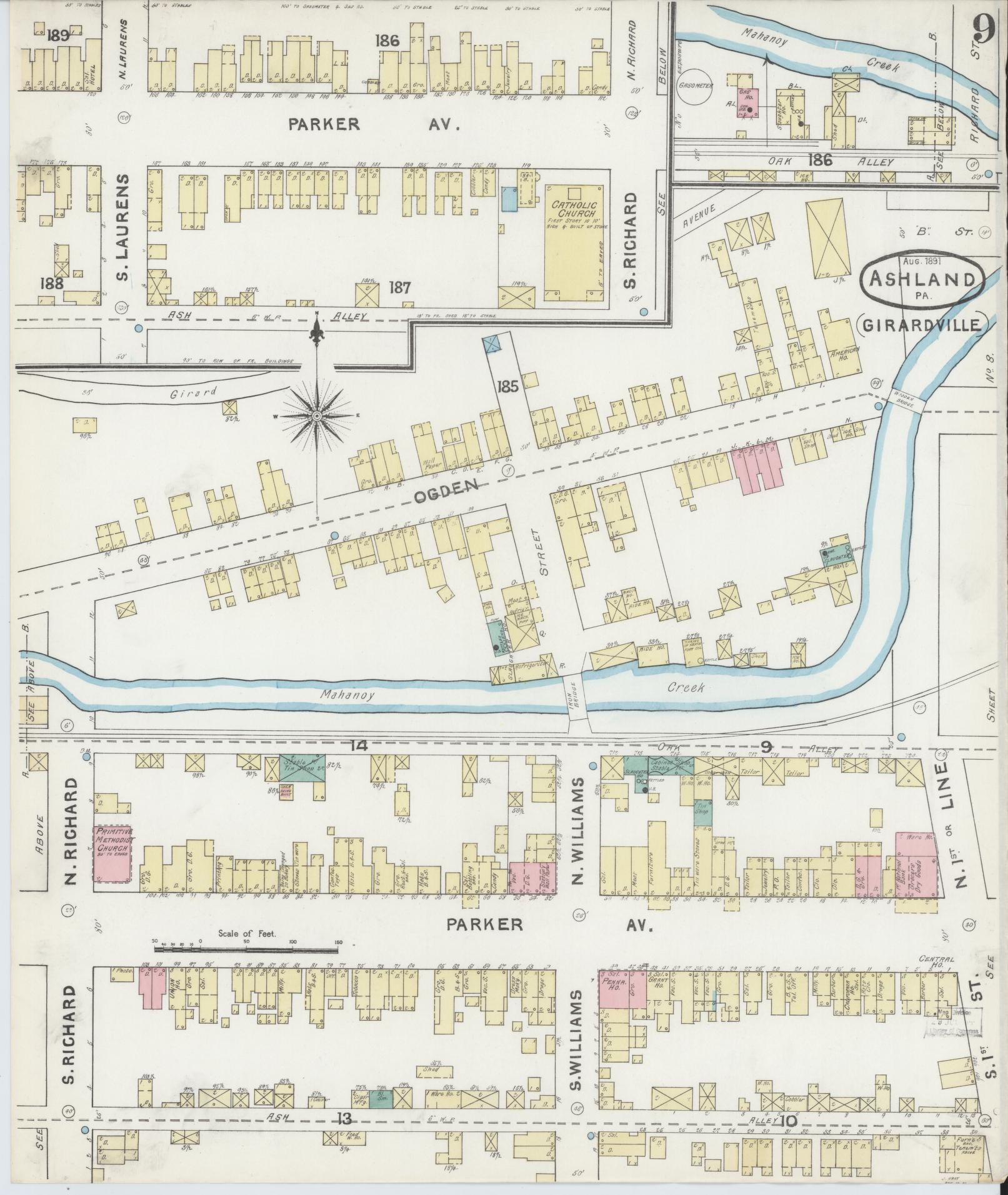 Sanborn Fire Insurance Map from Ashland, Schuylkill County, Pennsylvania (1891), Sheet #0009 - Historic Sanborn Fire Insurance Map Print, vintage old map wall art, antique decor, genealogy gift, Pennsylvania Pennsylvania map