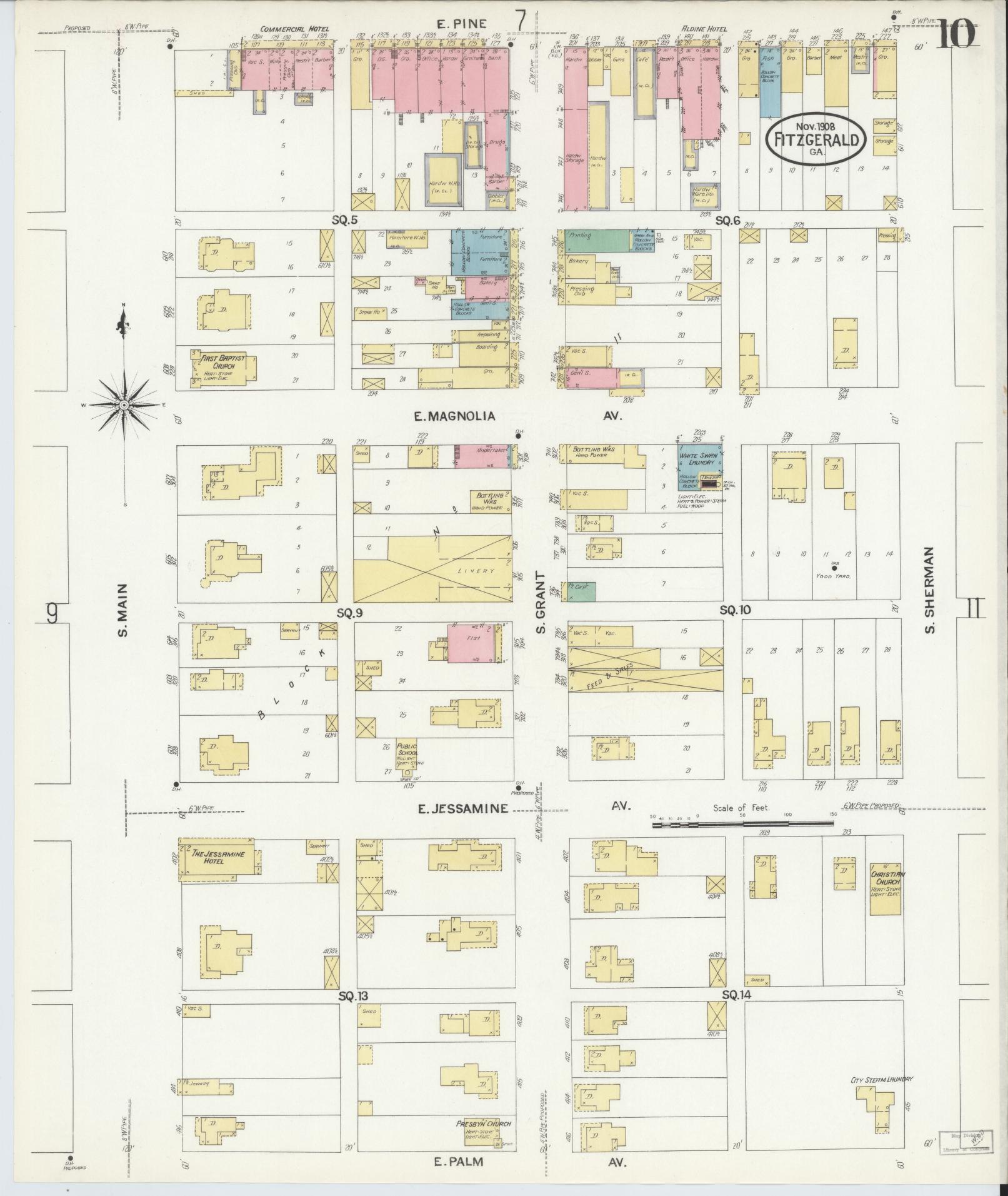 Sanborn Fire Insurance Map from Fitzgerald, Ben Hill County, Georgia (1908), Sheet #0010 - Historic Sanborn Fire Insurance Map Print, vintage old map wall art, antique decor, genealogy gift, Georgia Georgia map