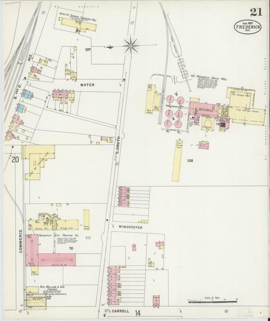Frederick, Maryland - 1897 - Sanborn Fire Insurance Map, Sheet #0021 - Historic Sanborn Fire Insurance Map Print, Frederick Maryland 1897 0021 vintage old map wall art