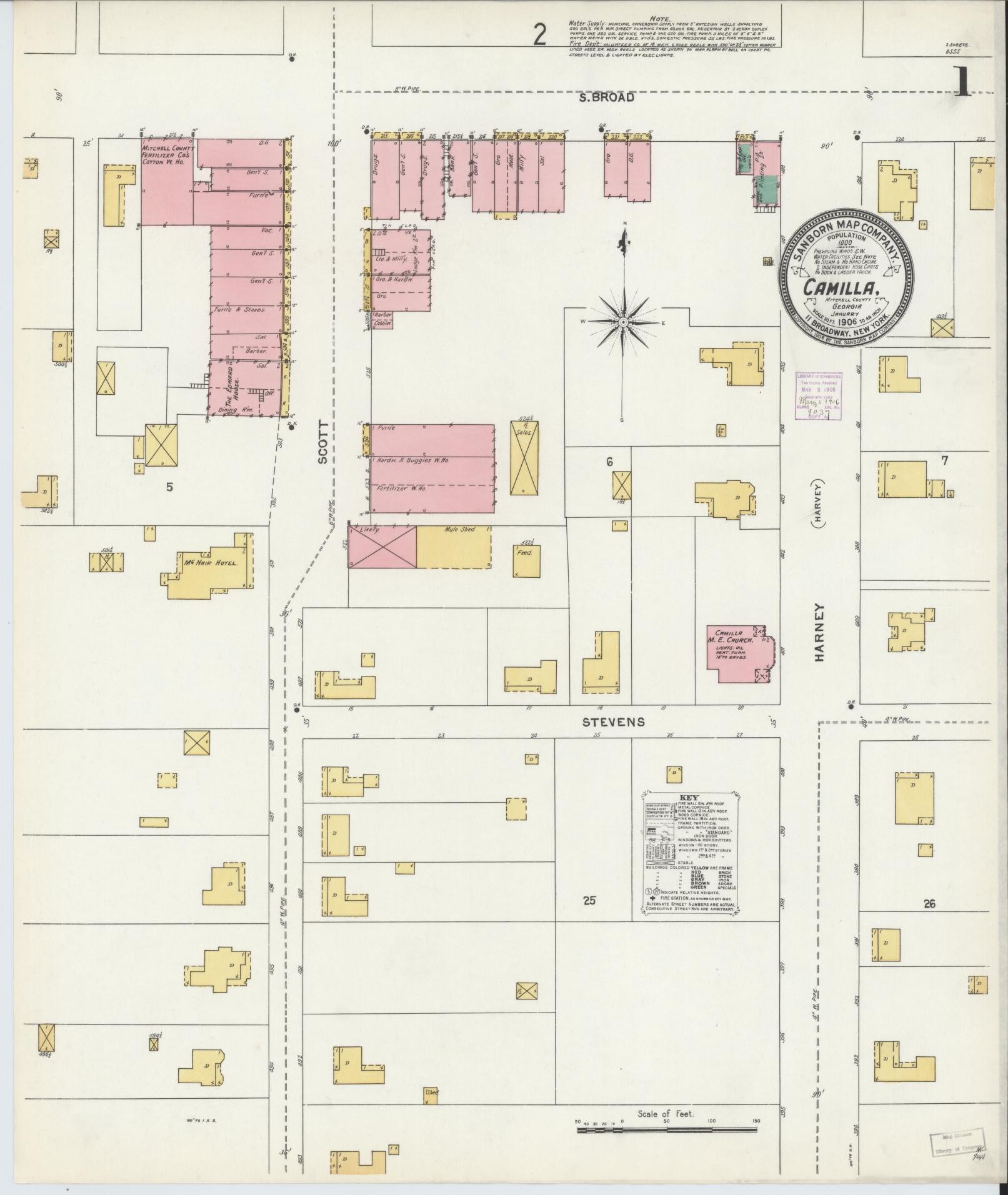 Sanborn Fire Insurance Map from Camilla, Mitchell County, Georgia (1906), Sheet #0001 - Historic Sanborn Fire Insurance Map Print, vintage old map wall art, antique decor, genealogy gift, Georgia Georgia map
