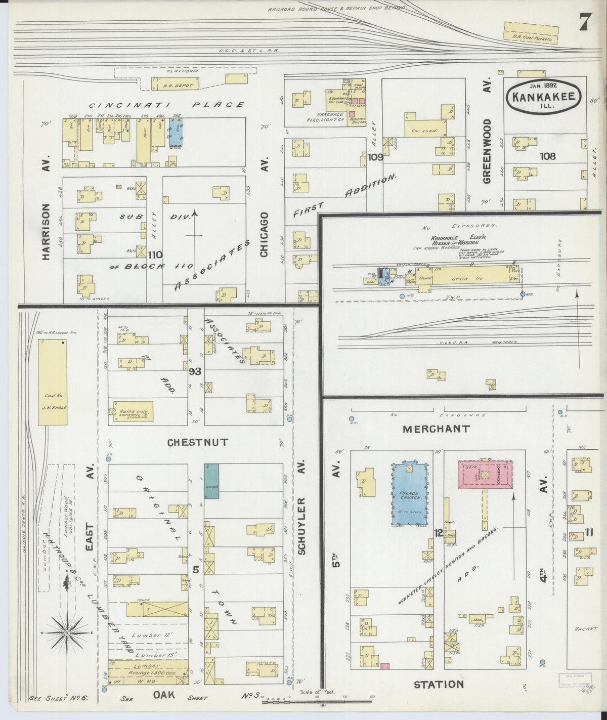 Sanborn Fire Insurance Map from Kankakee, Kankakee County, Illinois (1892), Sheet #0007 - Complete Map Set gallery image, historic Sanborn map, vintage wall art, Illinois Illinois