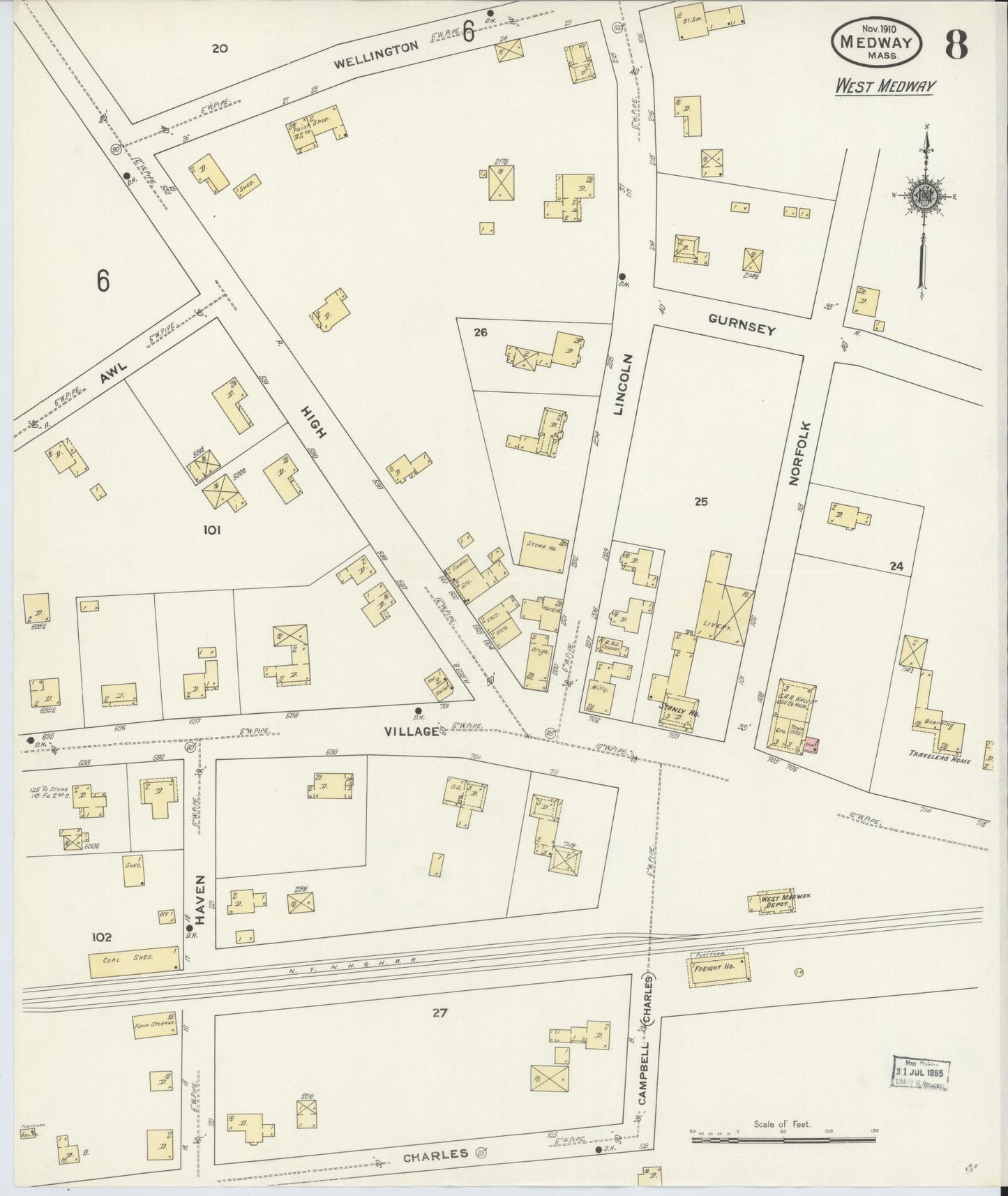 Sanborn Fire Insurance Map from Medway, Norfolk County, Massachusetts (1910), Sheet #0008 - Complete Map Set gallery image, historic Sanborn map, vintage wall art, Massachusetts Massachusetts