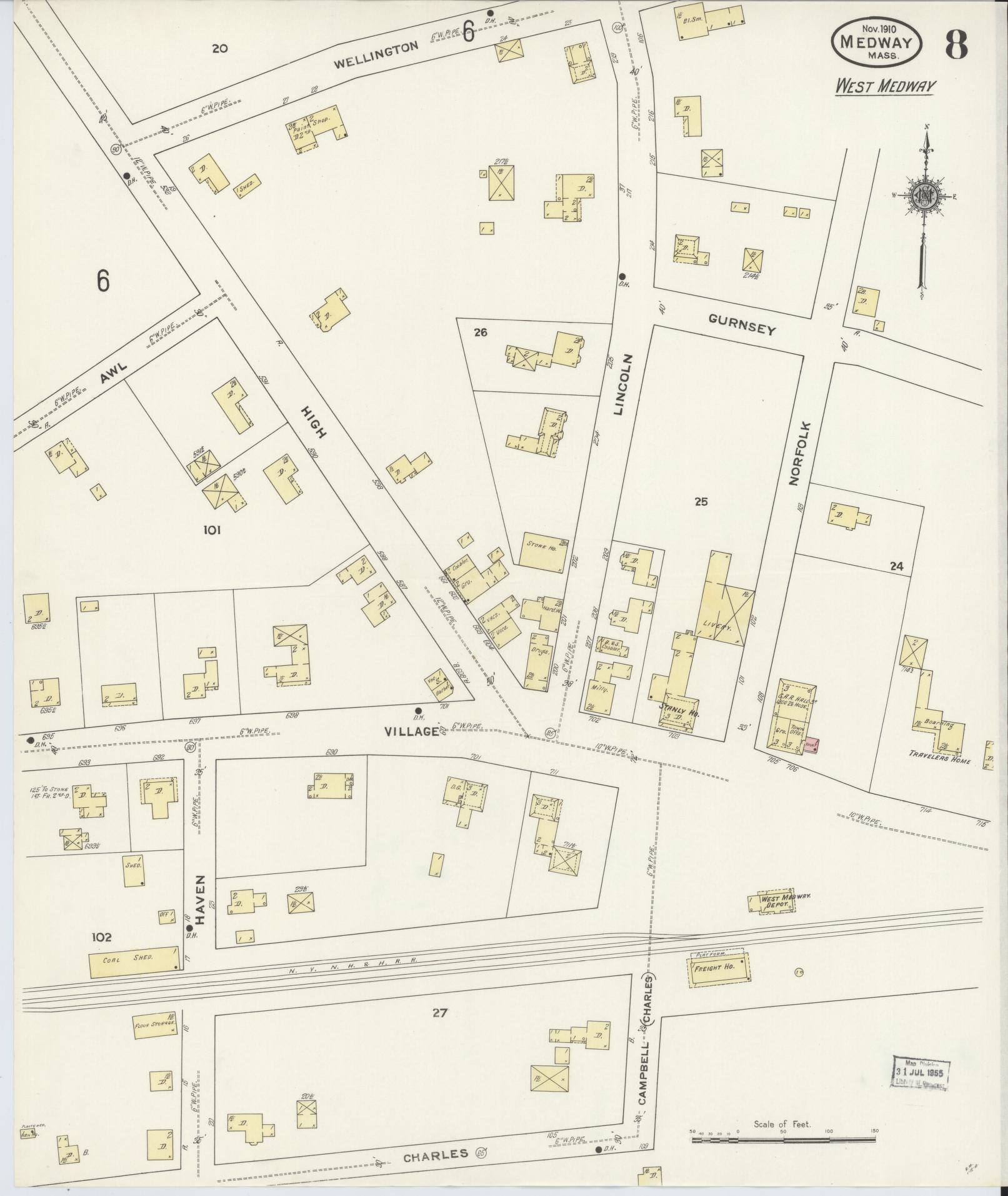 Sanborn Fire Insurance Map from Medway, Norfolk County, Massachusetts (1910), Sheet #0008 - Complete Map Set gallery image, historic Sanborn map, vintage wall art, Massachusetts Massachusetts
