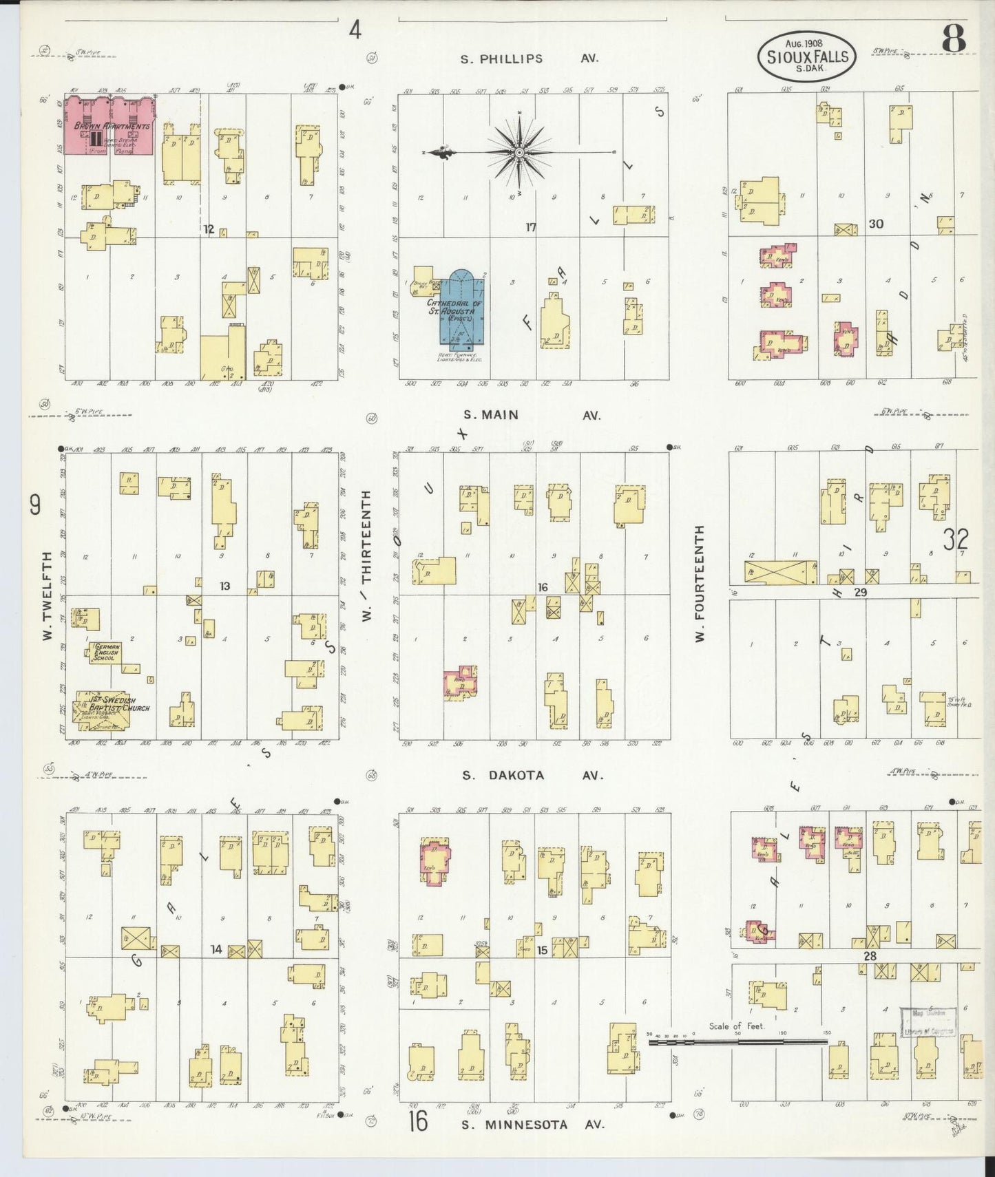 Sanborn Fire Insurance Map from Sioux Falls, Minnehaha County, South Dakota (1908), Sheet #0008 - Historic Sanborn Fire Insurance Map Print, vintage old map wall art, antique decor, genealogy gift, South Dakota South Dakota map