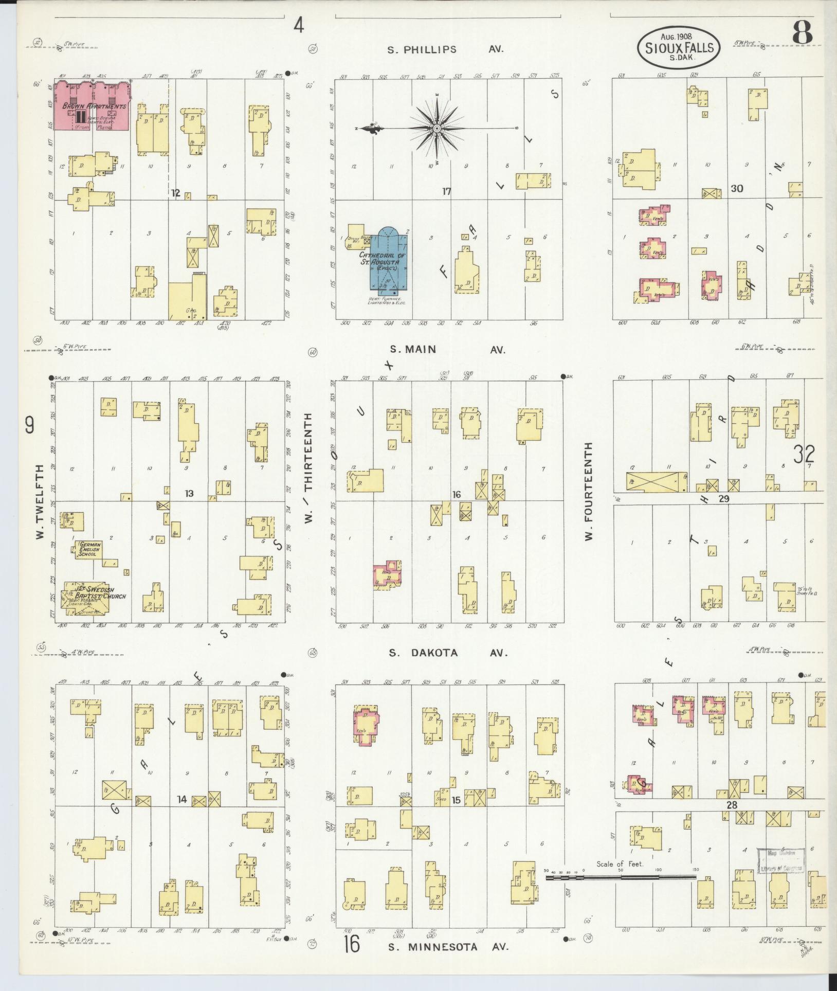 Sanborn Fire Insurance Map from Sioux Falls, Minnehaha County, South Dakota (1908), Sheet #0008 - Historic Sanborn Fire Insurance Map Print, vintage old map wall art, antique decor, genealogy gift, South Dakota South Dakota map