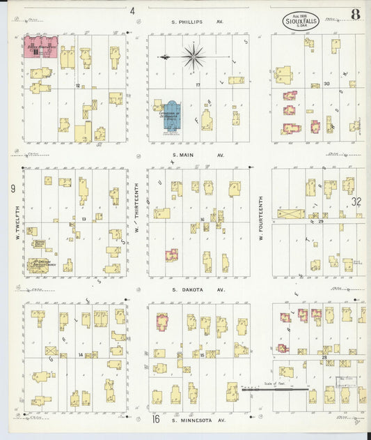 Sanborn Fire Insurance Map from Sioux Falls, Minnehaha County, South Dakota (1908), Sheet #0008 - Historic Sanborn Fire Insurance Map Print, vintage old map wall art, antique decor, genealogy gift, South Dakota South Dakota map