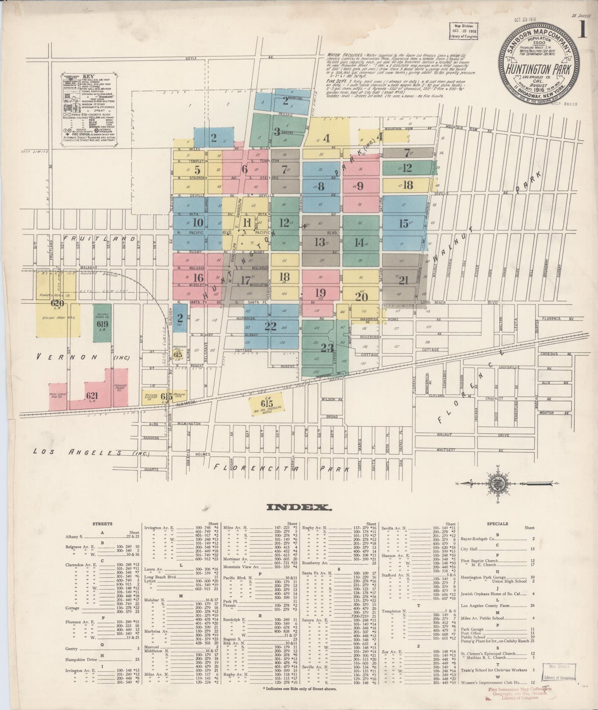 Sanborn Fire Insurance Map from Huntington Park, Los Angeles County, California (1916), Sheet #0001 - Complete Map Set gallery image, historic Sanborn map, vintage wall art, California California