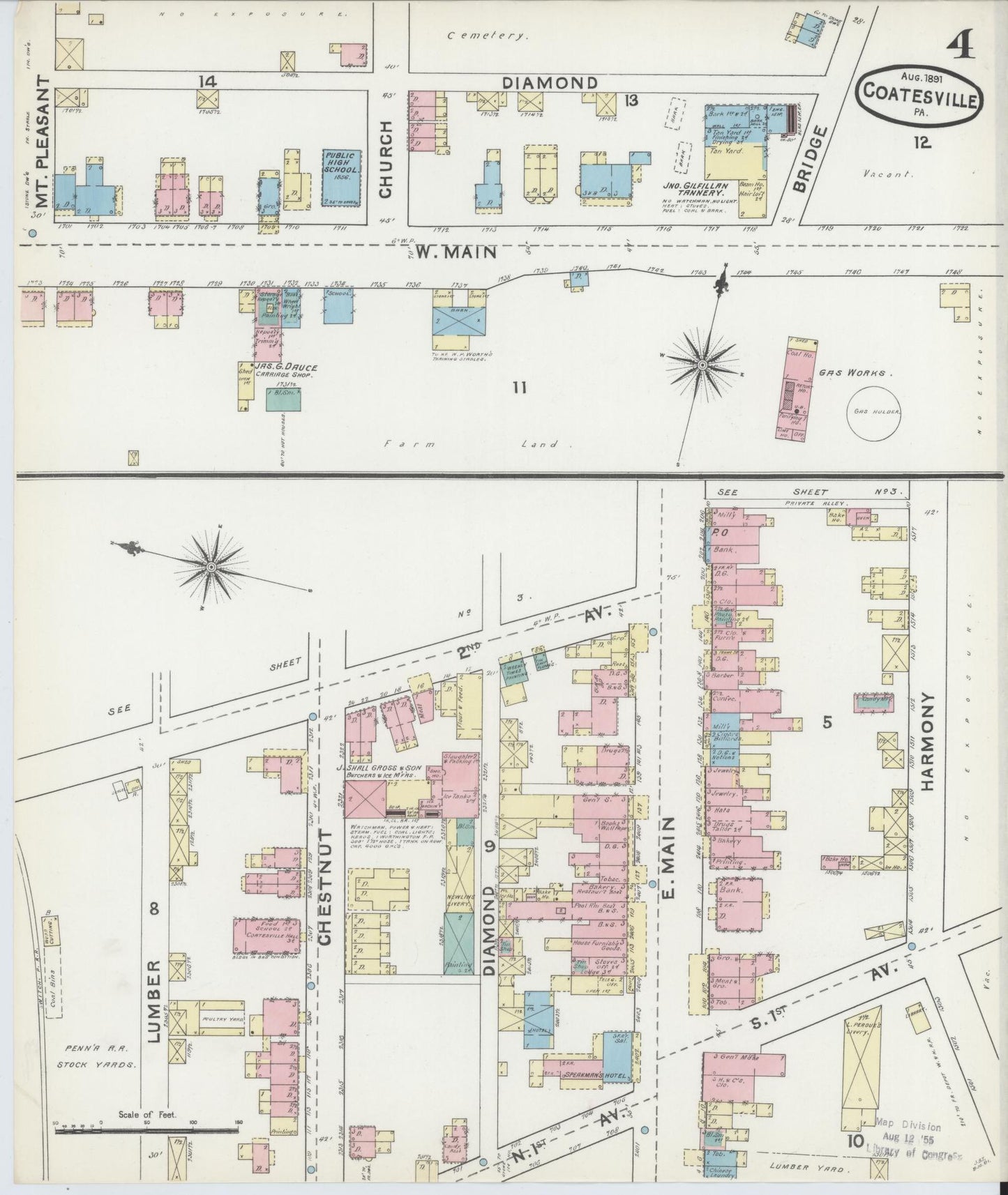 Sanborn Fire Insurance Map from Coatesville, Chester County, Pennsylvania (1891), Sheet #0004 - Historic Sanborn Fire Insurance Map Print, vintage old map wall art, antique decor, genealogy gift, Pennsylvania Pennsylvania map