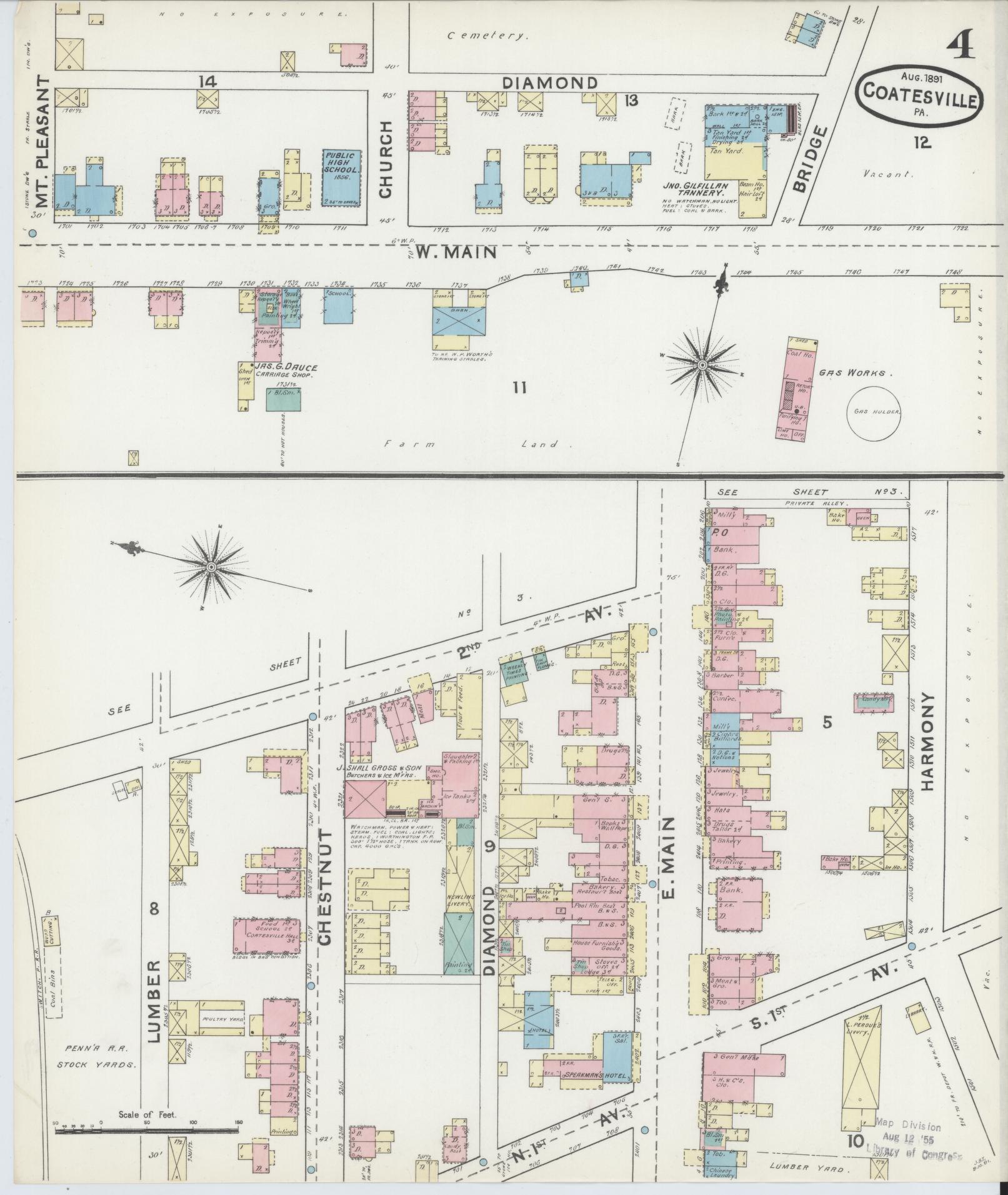 Sanborn Fire Insurance Map from Coatesville, Chester County, Pennsylvania (1891), Sheet #0004 - Historic Sanborn Fire Insurance Map Print, vintage old map wall art, antique decor, genealogy gift, Pennsylvania Pennsylvania map