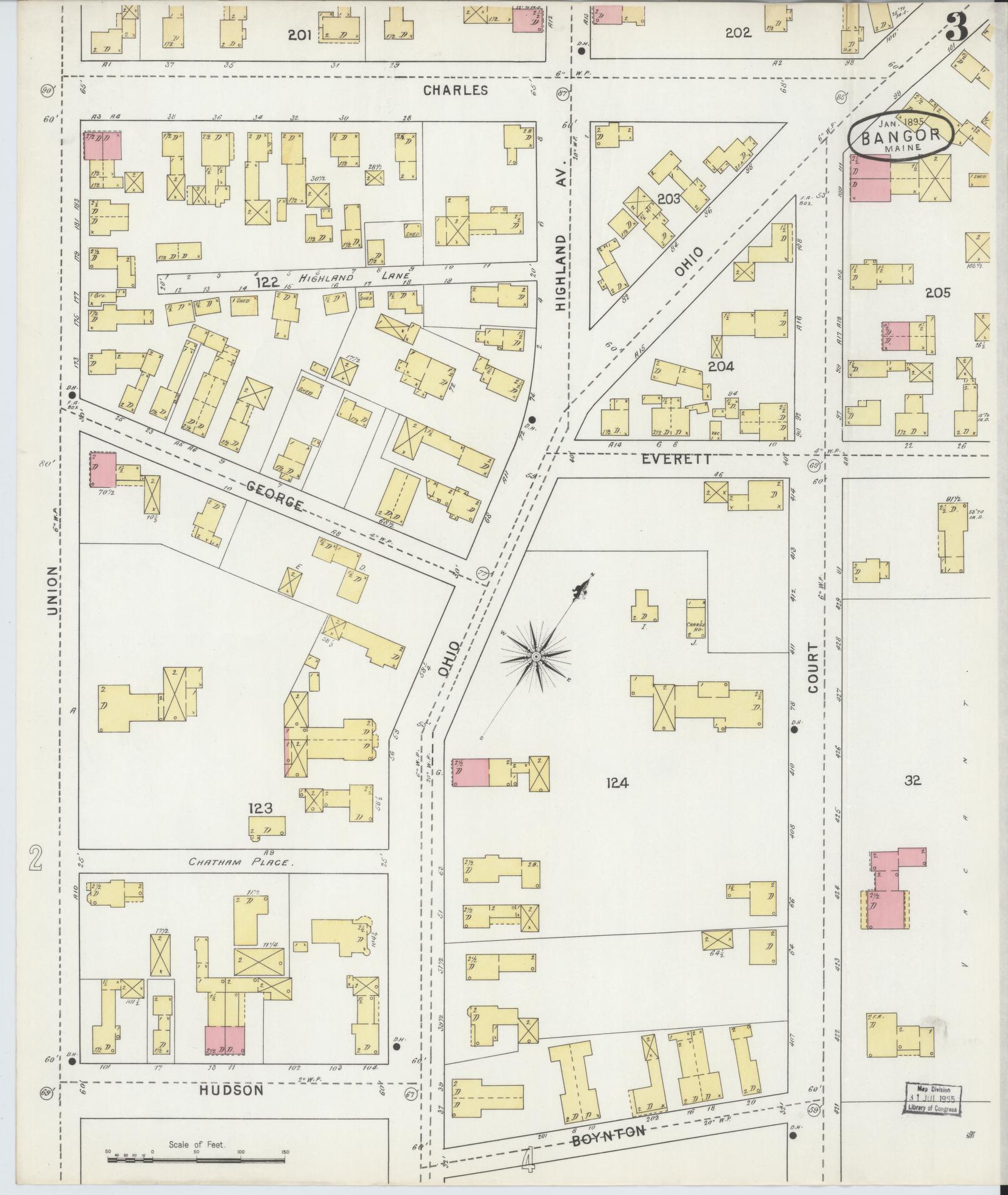 Sanborn Fire Insurance Map from Bangor, Penobscot County, Maine (1895), Sheet #0003 - Historic Sanborn Fire Insurance Map Print, vintage old map wall art, antique decor, genealogy gift, Maine Maine map