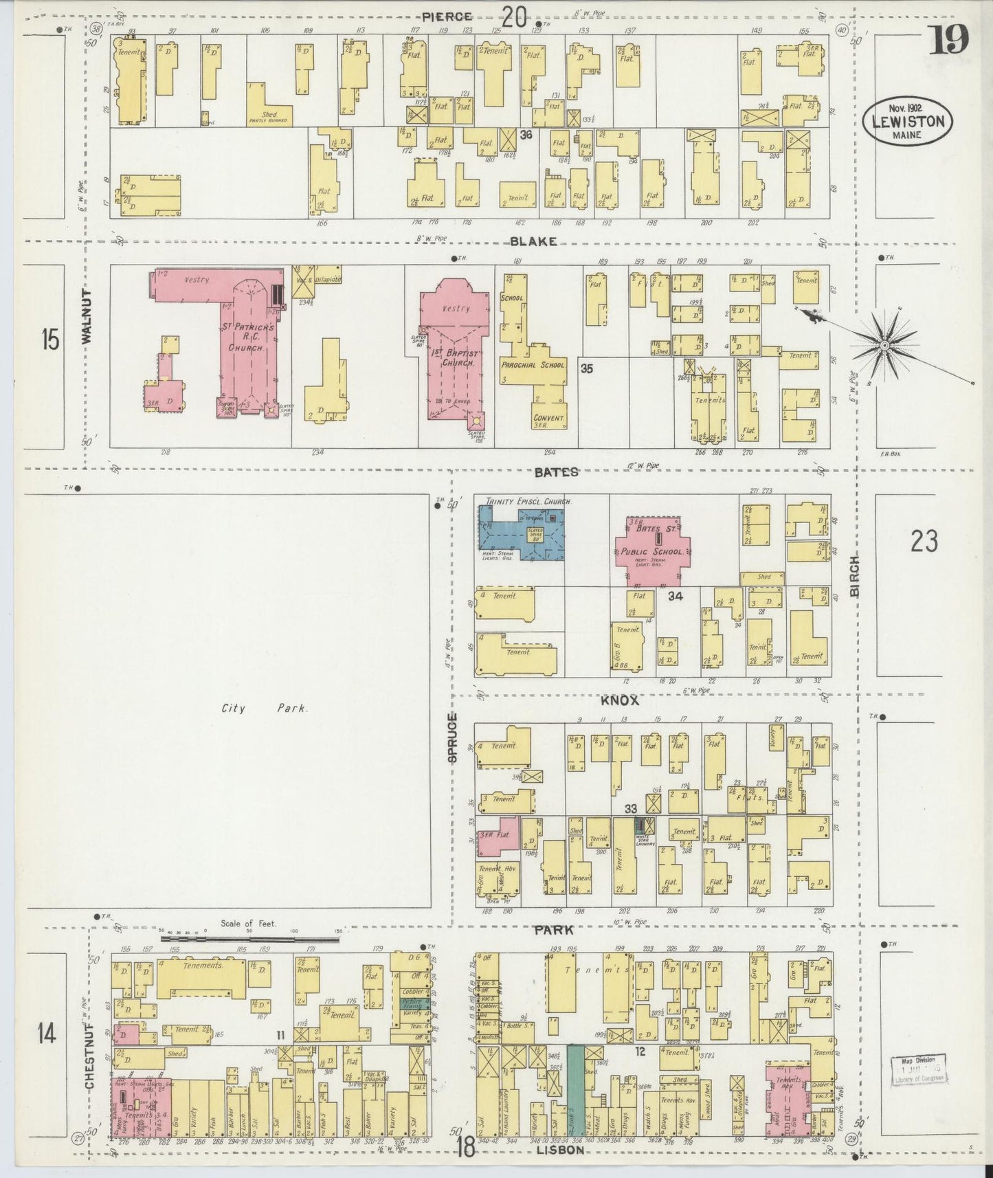 Sanborn Fire Insurance Map from Lewiston, Androscoggin County, Maine (1902), Sheet #0019 - Complete Map Set gallery image, historic Sanborn map, vintage wall art, Maine Maine
