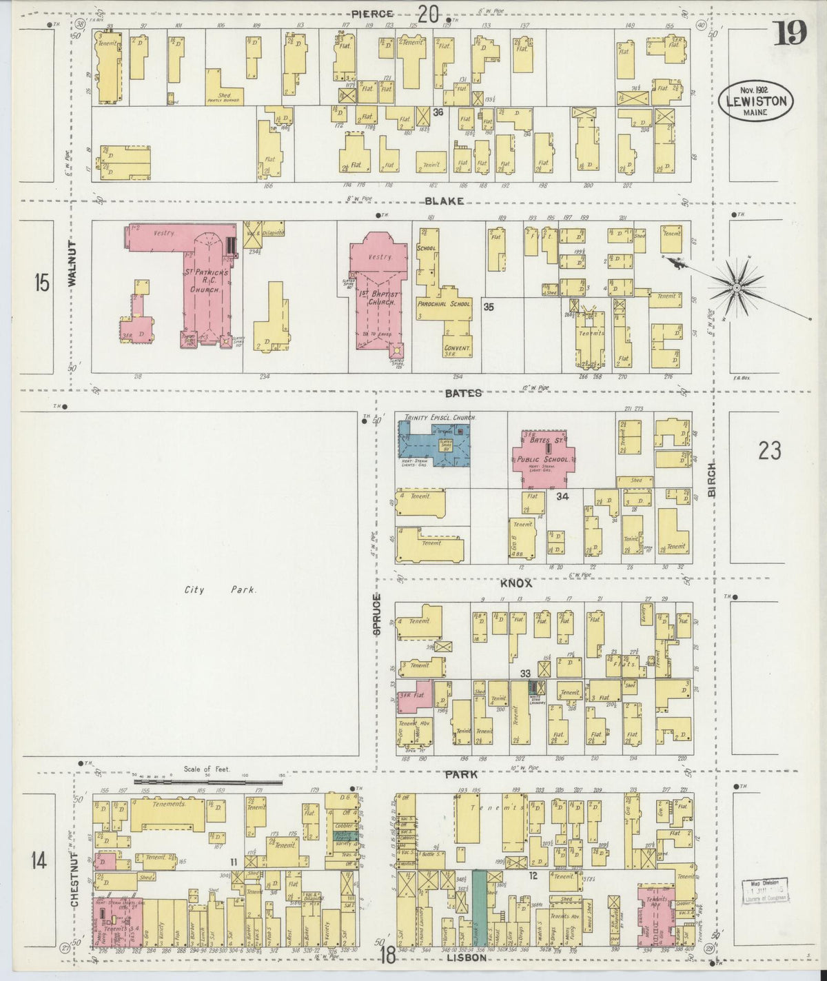 Sanborn Fire Insurance Map from Lewiston, Androscoggin County, Maine (1902), Sheet #0019 - Complete Map Set gallery image, historic Sanborn map, vintage wall art, Maine Maine