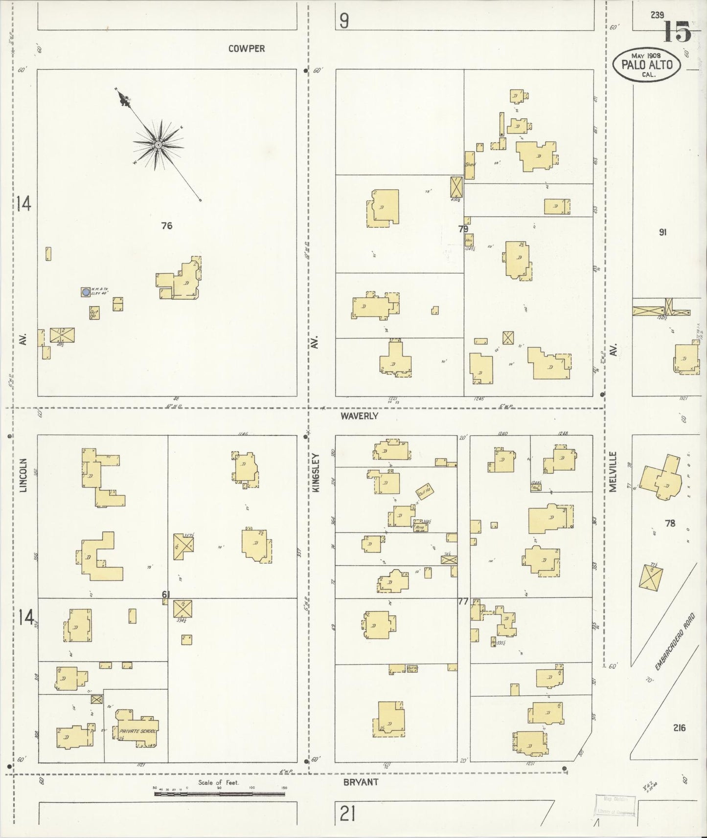 Sanborn Fire Insurance Map from Palo Alto, Santa Clara County, California (1908), Sheet #0015 - Complete Map Set gallery image, historic Sanborn map, vintage wall art, California California