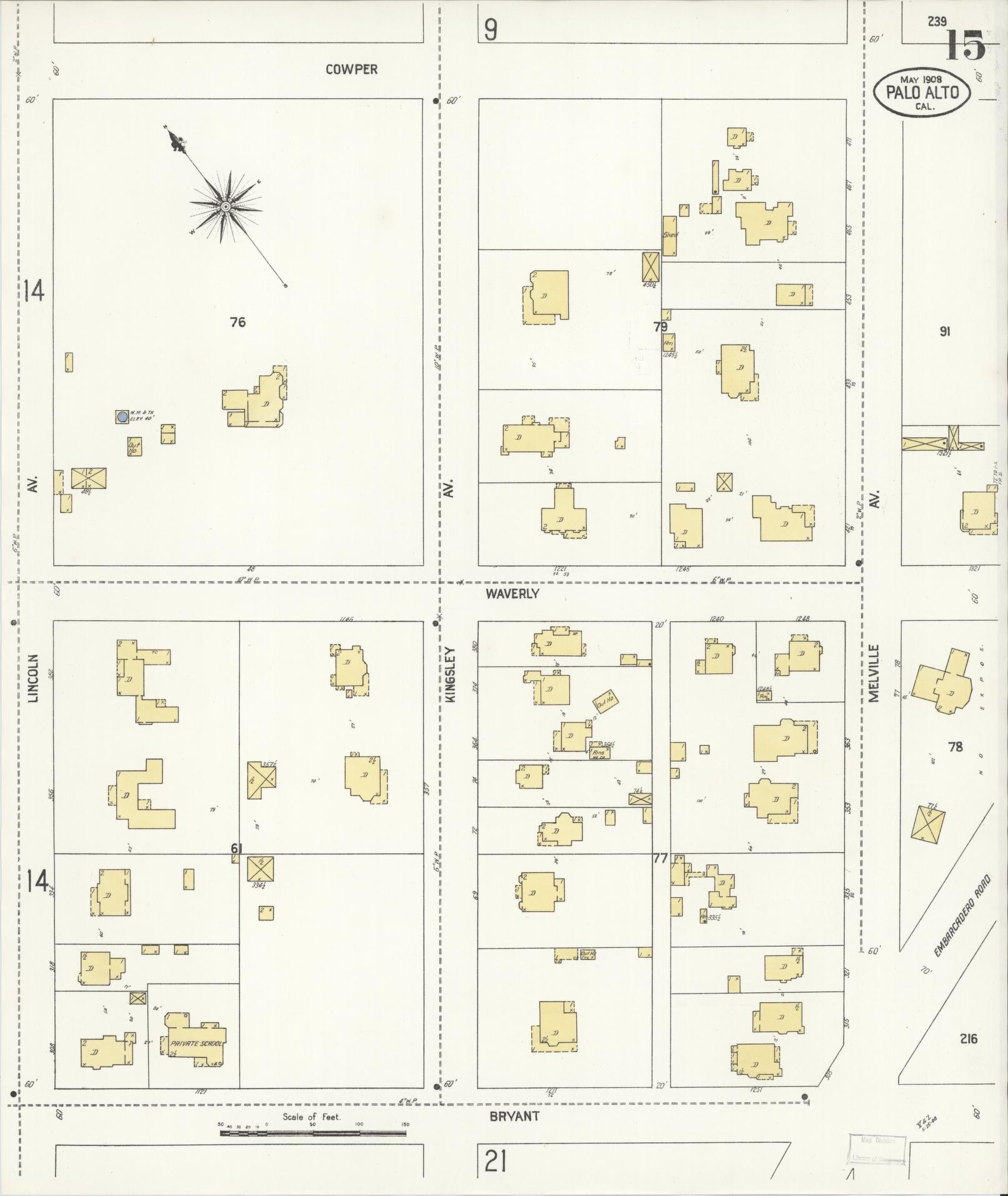 Sanborn Fire Insurance Map from Palo Alto, Santa Clara County, California (1908), Sheet #0015 - Complete Map Set gallery image, historic Sanborn map, vintage wall art, California California