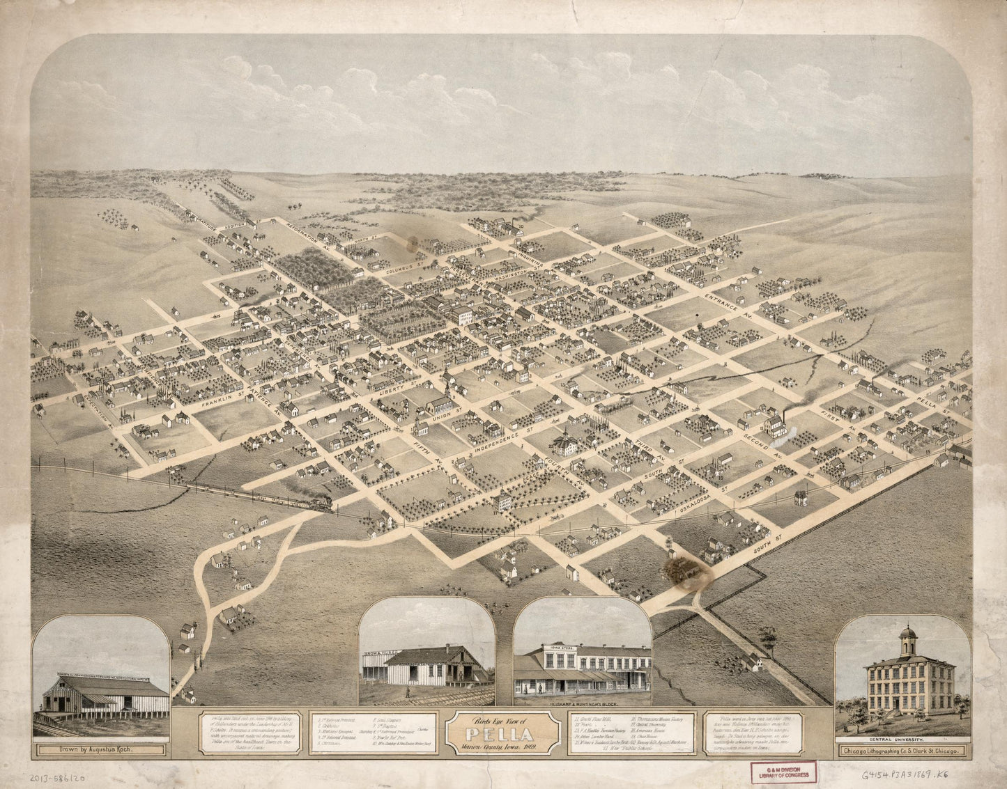 Birds eye view of Pella, Marion County, Iowa, 1869 (1869) – Historic Bird’s-Eye View Panorama Print