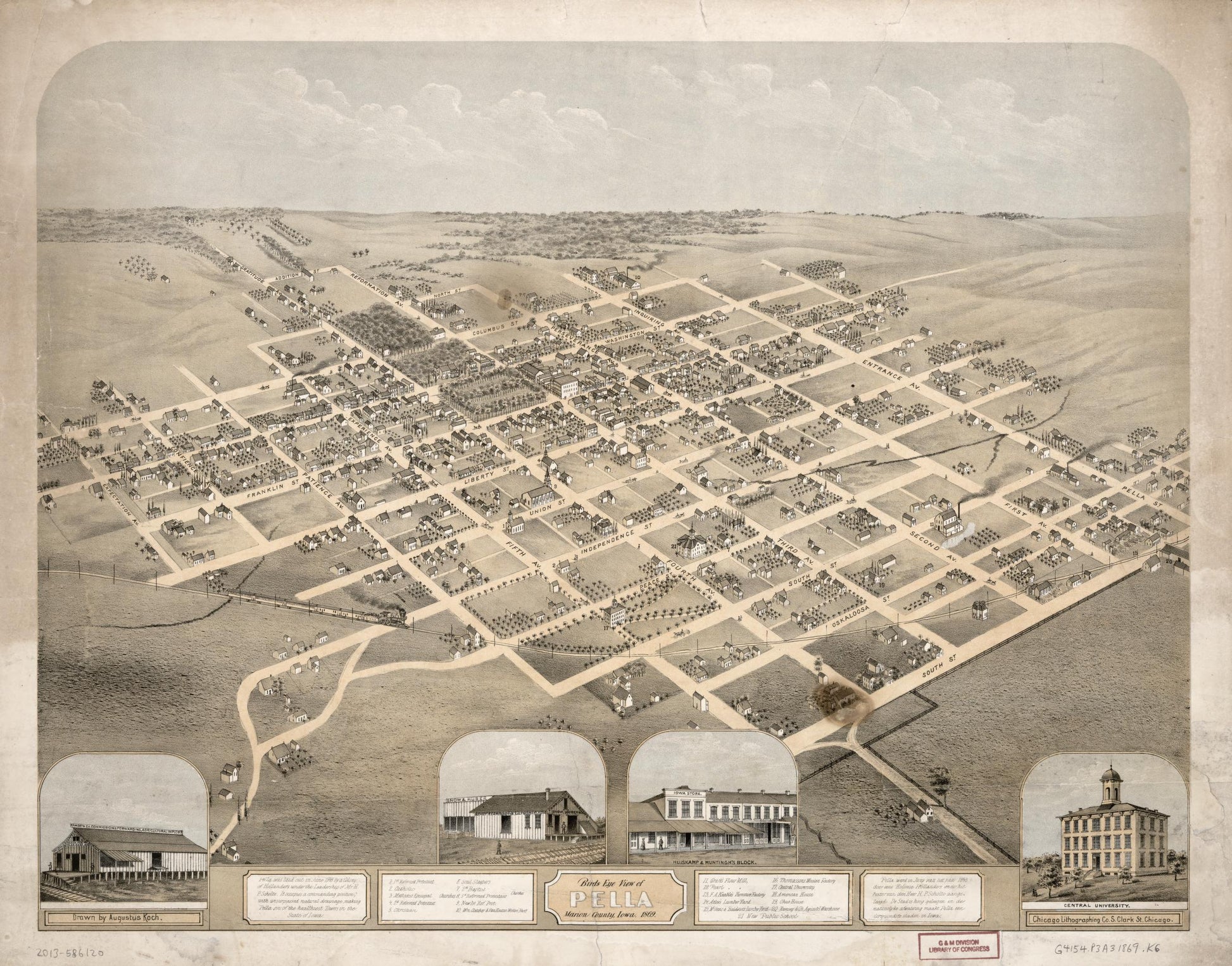 Birds eye view of Pella, Marion County, Iowa, 1869 (1869) – Historic Bird’s-Eye View Panorama Print