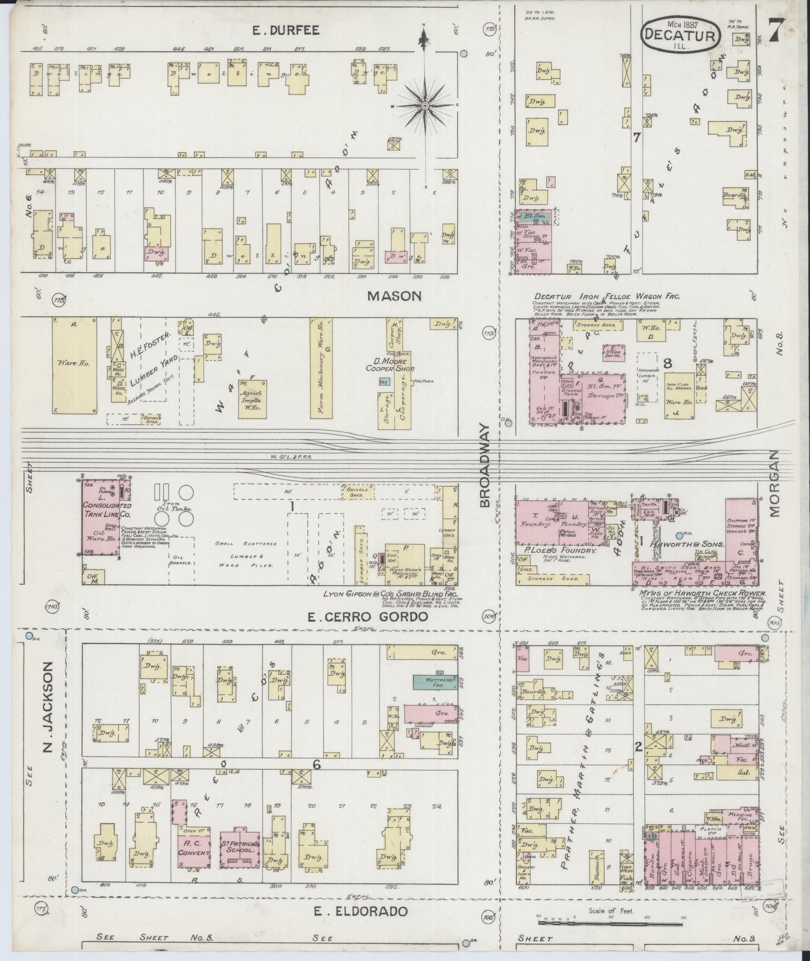 Sanborn Fire Insurance Map from Decatur, Macon County, Illinois (1887), Sheet #0007 - Historic Sanborn Fire Insurance Map Print, vintage old map wall art, antique decor, genealogy gift, Illinois Illinois map