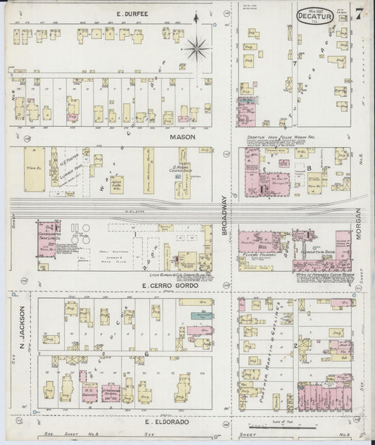 Sanborn Fire Insurance Map from Decatur, Macon County, Illinois (1887), Sheet #0007 - Historic Sanborn Fire Insurance Map Print, vintage old map wall art, antique decor, genealogy gift, Illinois Illinois map
