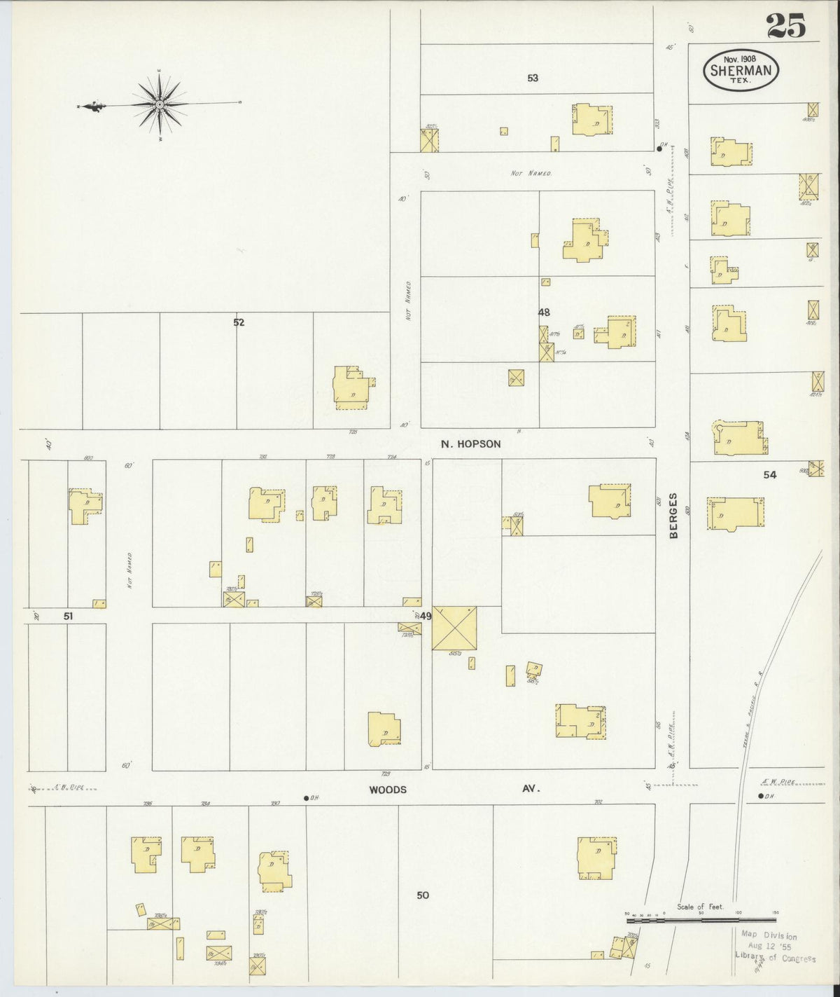 Sanborn Fire Insurance Map from Sherman, Grayson County, Texas (1908), Sheet #0025 - Complete Map Set gallery image, historic Sanborn map, vintage wall art, Texas Texas