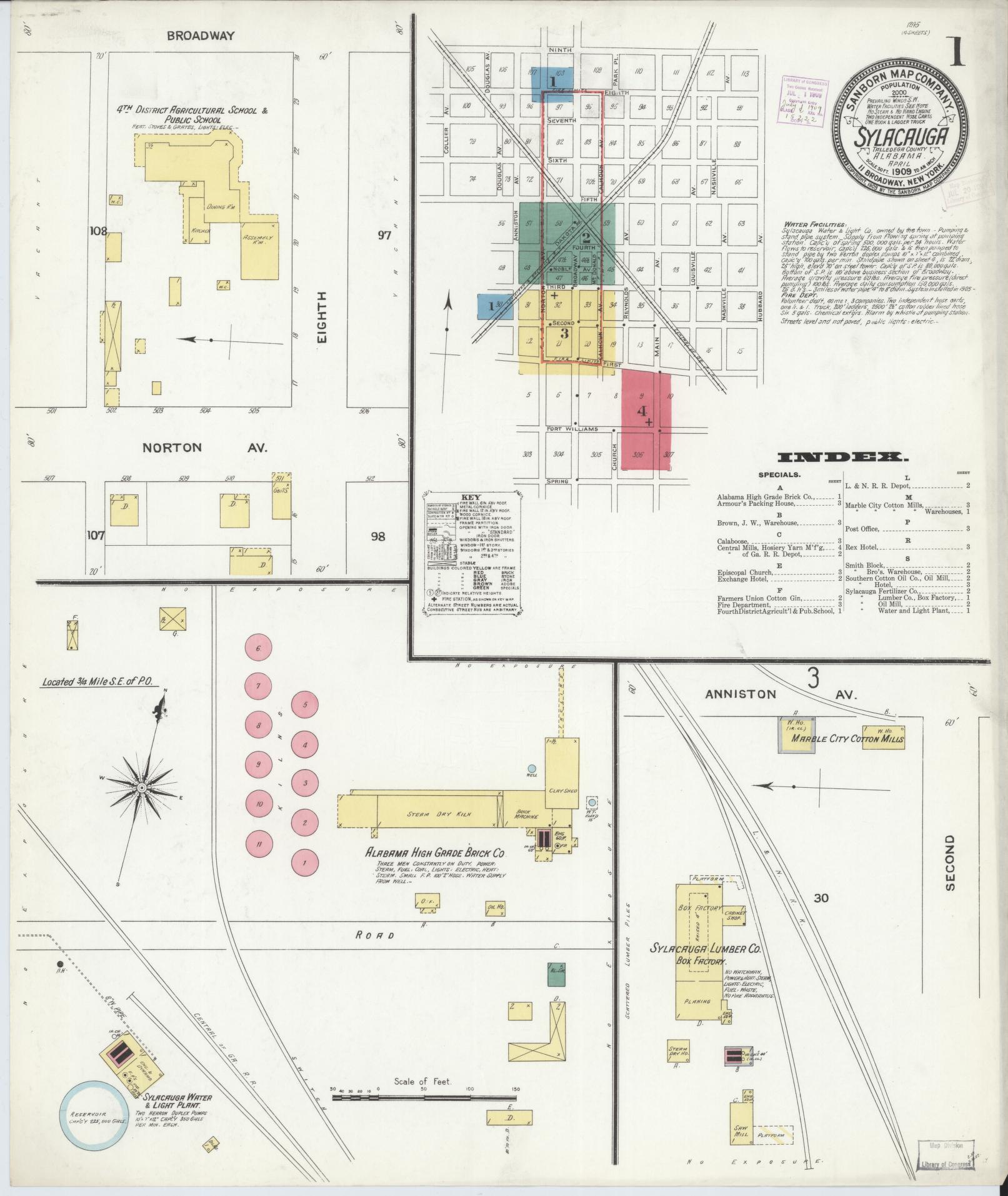 Sanborn Fire Insurance Map from Sylacauga, Talladega County, Alabama (1909), Sheet #0001 - Complete Map Set gallery image, historic Sanborn map, vintage wall art, Alabama Alabama